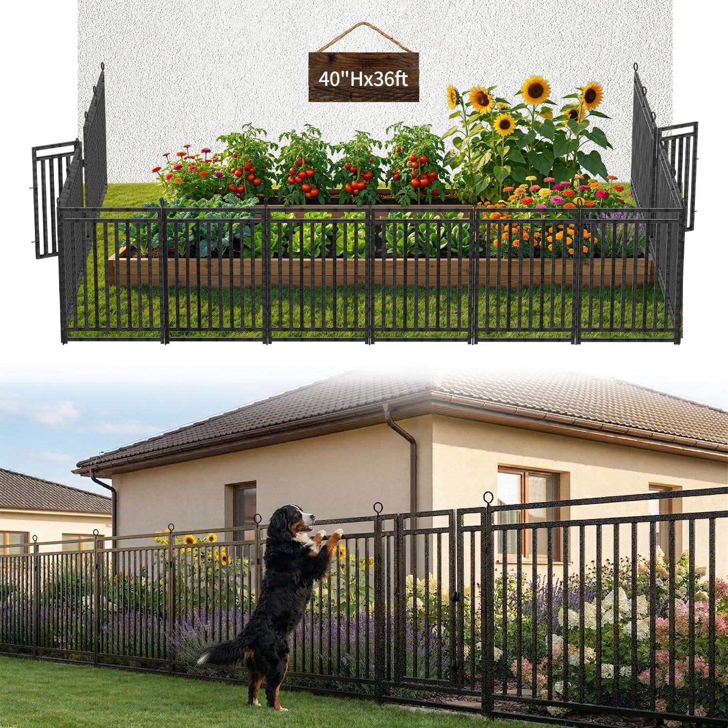 Decorative Garden Fence Metal Dog Fence Outdoor, 40in (H) x 36ft (L), 14 Panels + 2 Gates, Heavy Duty Garden Fencing Animal Barrier for Patio & Flower Bed, Black-Silver