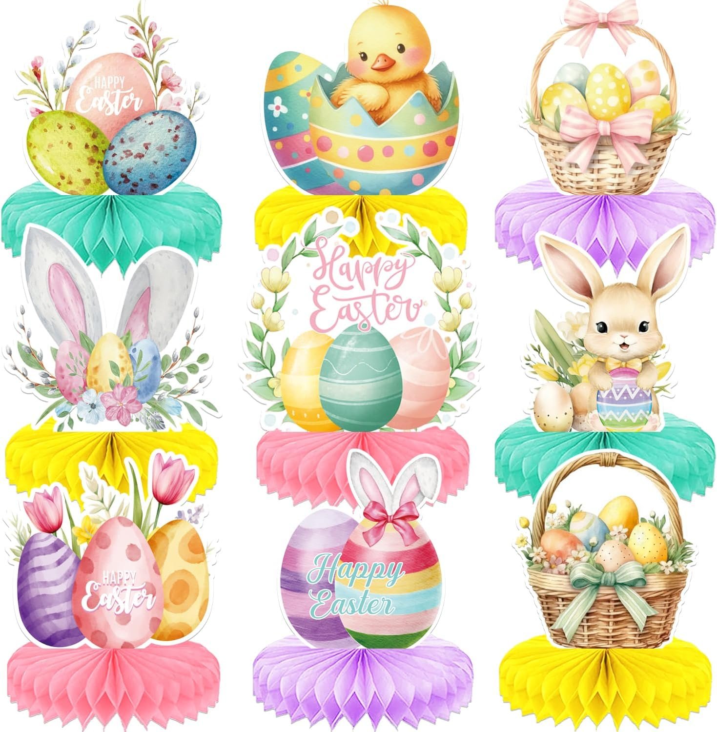 Easter Centerpieces for Tables,Colorful Easter Table Decorations | 9Pcs Easter Centerpieces, Cute Bunny Egg Honeycomb Centerpieces for Spring Happy Easter Rabbit Photo Prop Party Supplies