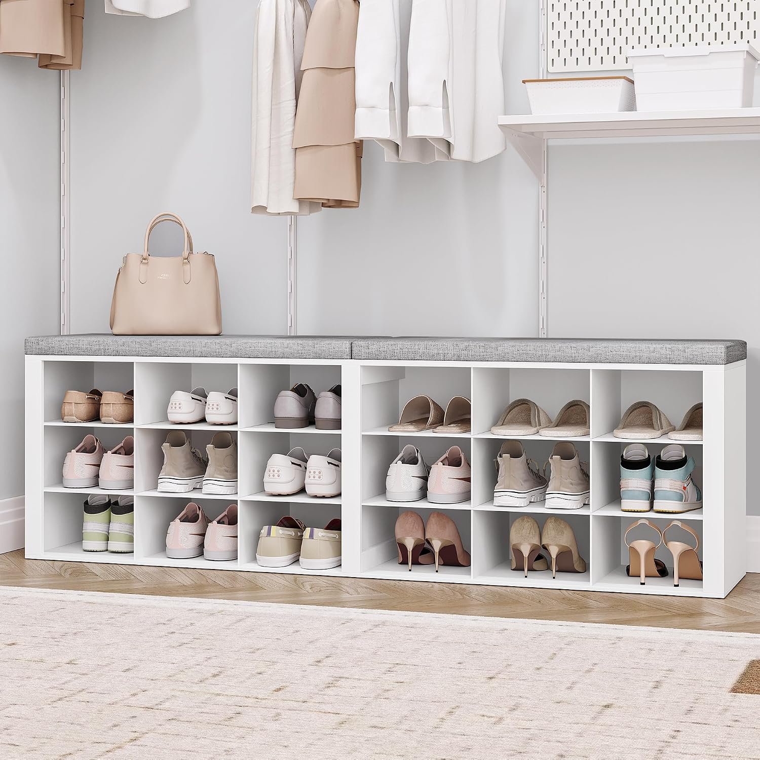 Hzuaneri Shoe Storage Bench with Cushion, Storage Bench with 18 Cubbies | 9.5″ Widened Organizer Cabinet, large Cubby Shoe Rack for Living Room, Bedroom, Entryway, Mudroom, White SB25703GY