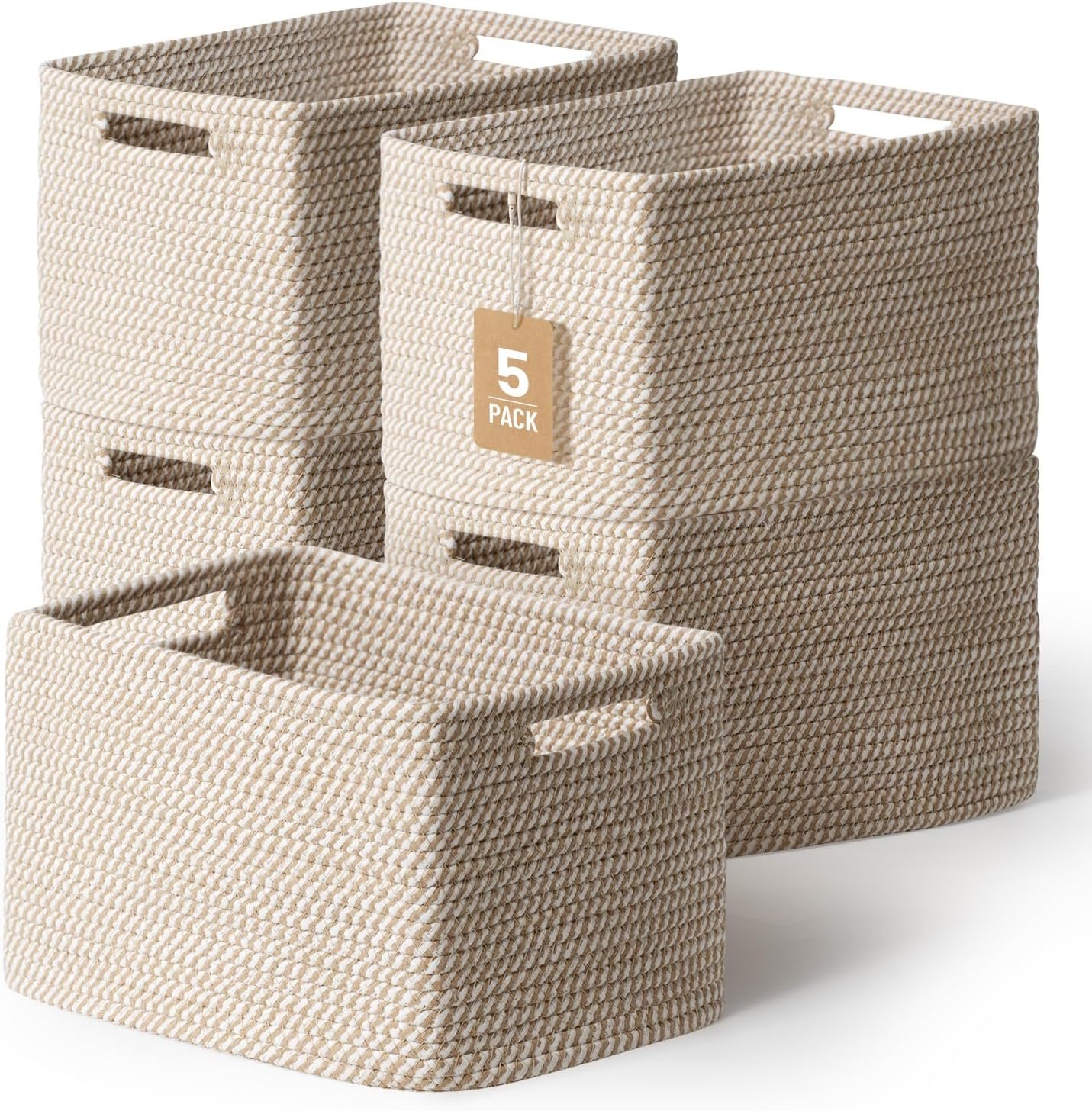 5 Pack Woven Storage Baskets, Decorative Storage Bins for Organizing | 13.8” × 9.8” × 7.9”, Cotton Rope Basket Organizer for Closet, Shelves, bathroom, Nursery, Toys, Books, Pantry, Khaki