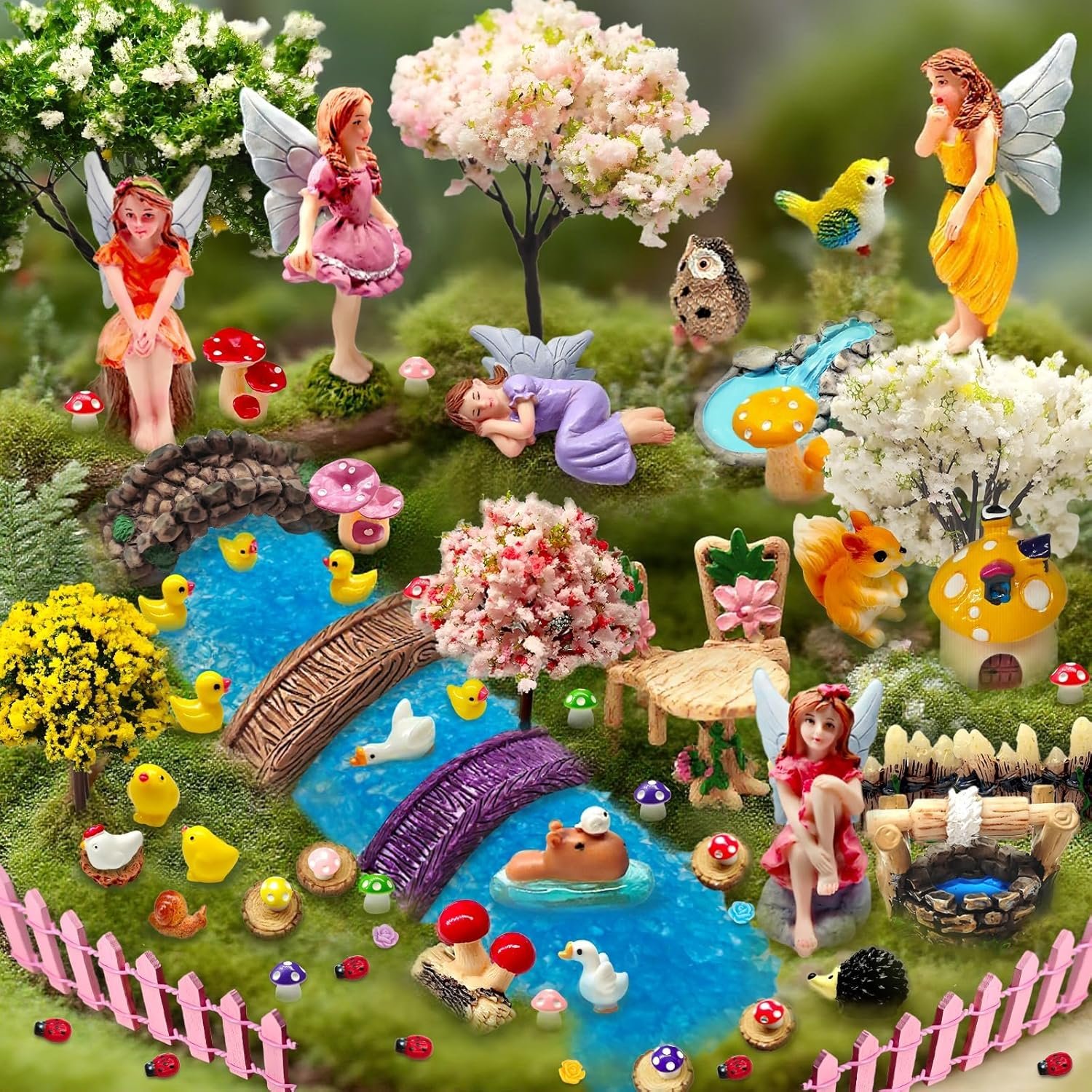 114 Pcs Miniature Fairy Garden Accessories Kit Resin Elves Animal Figurines Decor Micro Landscape Ornaments for DIY Micro Dollhouse