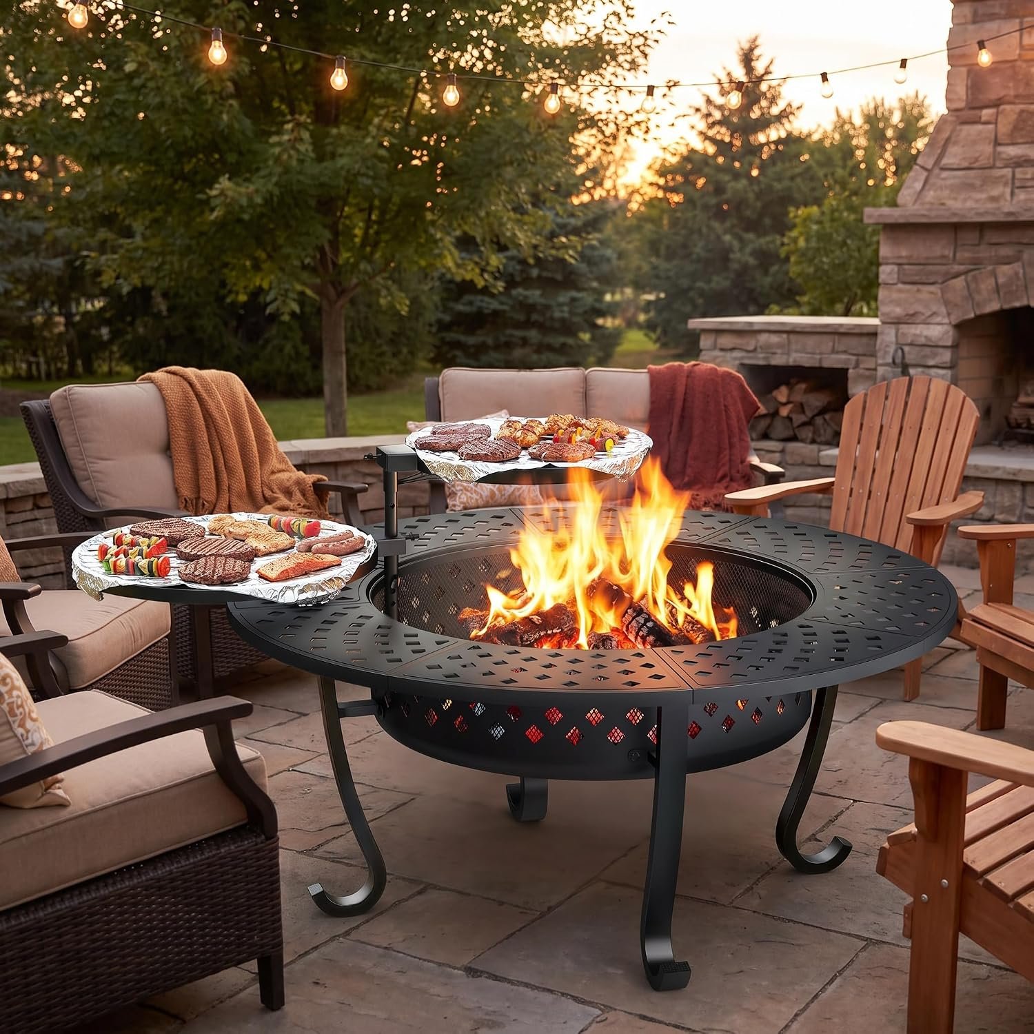 43″ Fire Pit, 3 in 1 Firepit with Adjustable 2 Grills for Patio, Party | Fire Pit for Outside Wood Burning, Outdoor Fire Pit with Lid & Fire Poker, BBQ, Bonfire, Camping, Round Fire Pits for Outside