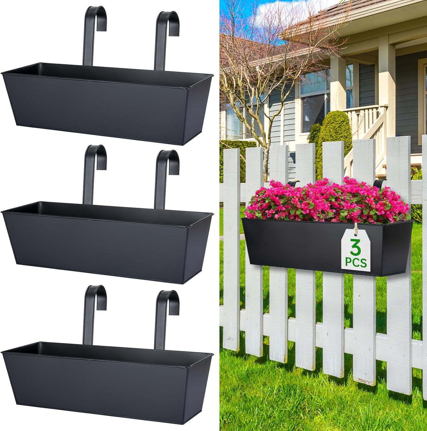 16“ Large Hanging Planters for Outdoor Plants, Railing Planter Box, 3 Pack | Balcony Planters with Detachable Wide Hooks Fit 2.7” rails. Rustproof & Spacious. Ideal for Fence & Patio Decor