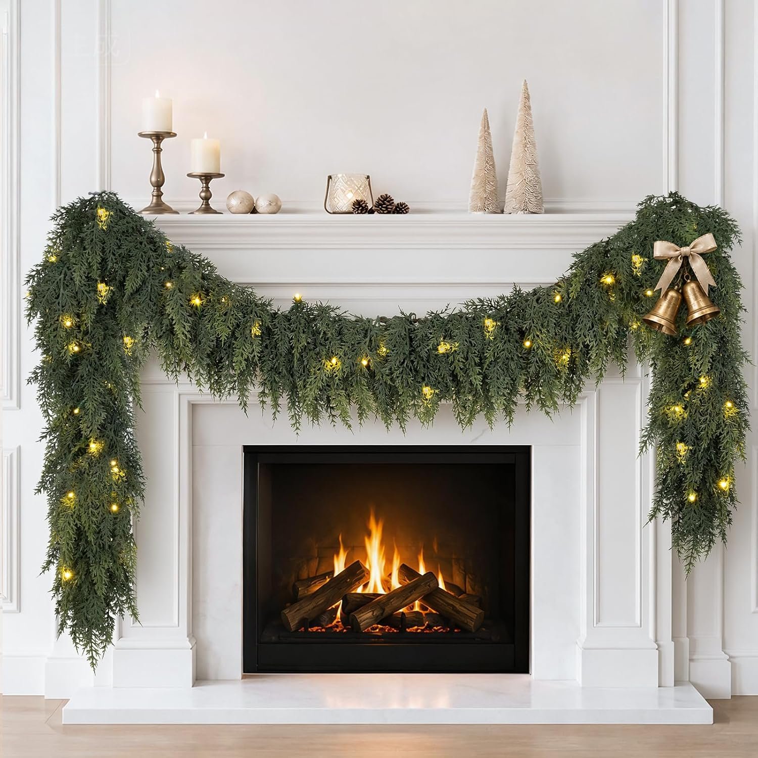 9FT Cedar Christmas Garland with Lights, Realistic Artificial Pine Garland Prelit Holiday Greenery Garland for Mantle Fireplace Stairs Door Indoor Outdoor Xmas Decorations