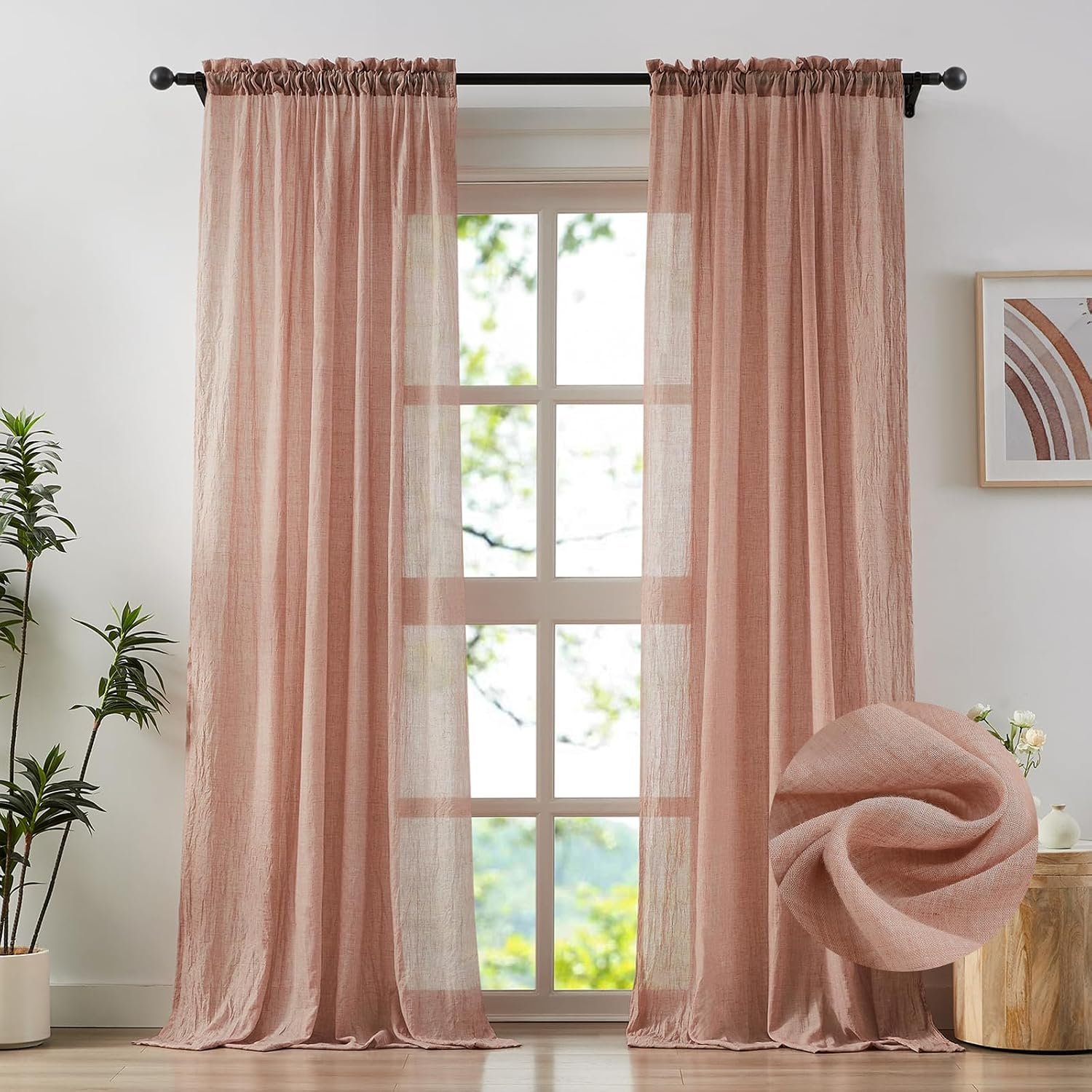 Anpark Elegant Blush Pink Sheer Curtains 90 Inches Long for Living Room, Cotton Linen Textured Light Filtering Crinkle Sheer Drapes Bedroom Natural Voile Curtains Rod Pocket, W52 x L90 in, 2 Panels