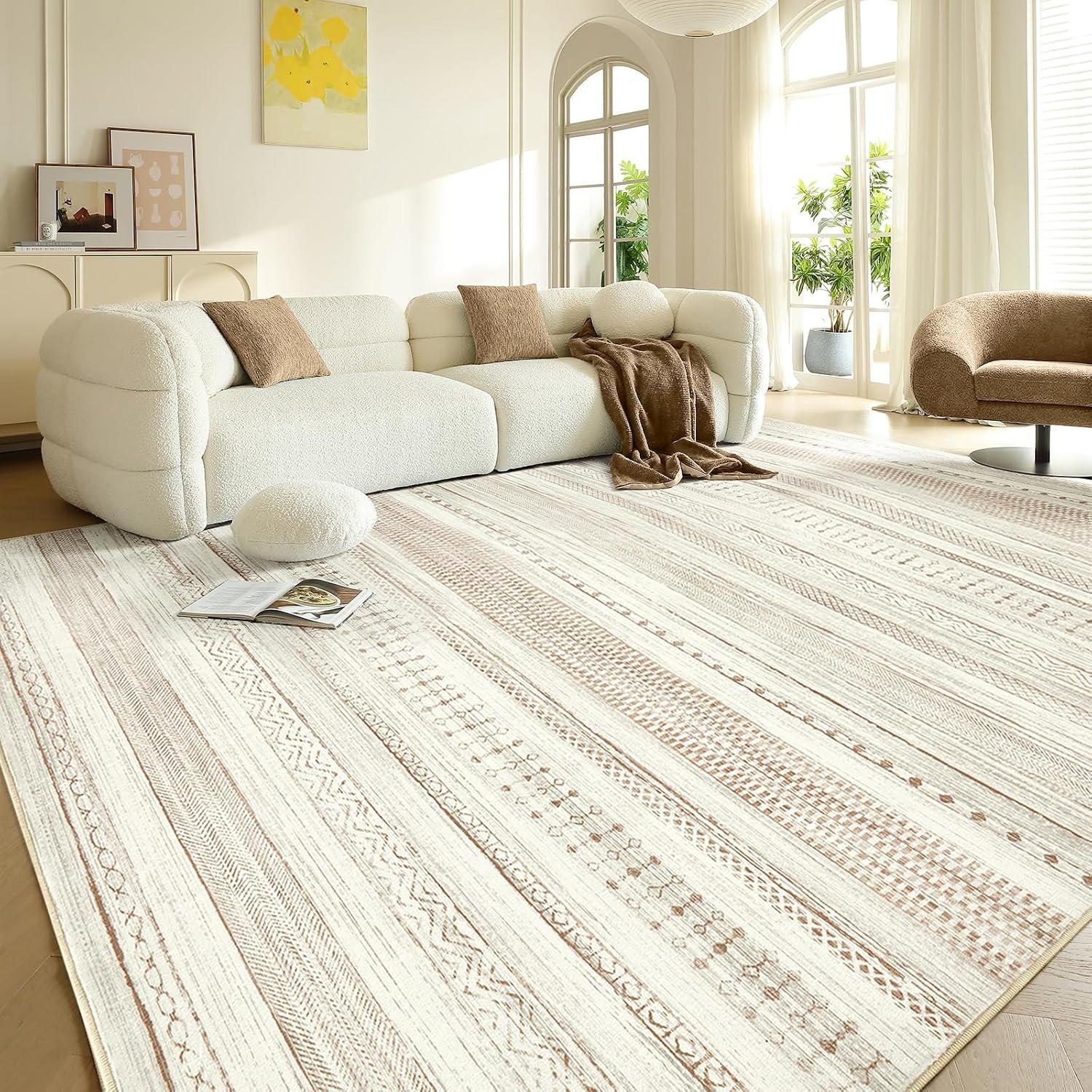 Boraya Area Rugs for Living Room: 9×12 Washable Boho Rug for Bedroom Large Neutral Bohemian Moroccan Farmhouse Geometric Dining Room Rugs Ultra Soft Floor Carpet Indoor for Home Office – Brown