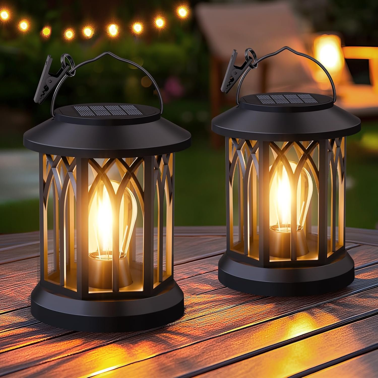Hanging Solar Lanterns Outdoor Waterproof – 2 Pack Lanterns Decorative Outdoor Patio Decor with Clip Solar Lantern for Outside – Outdoor Lanterns for Patio Garden Waterproof Gifts for Women Mom Family