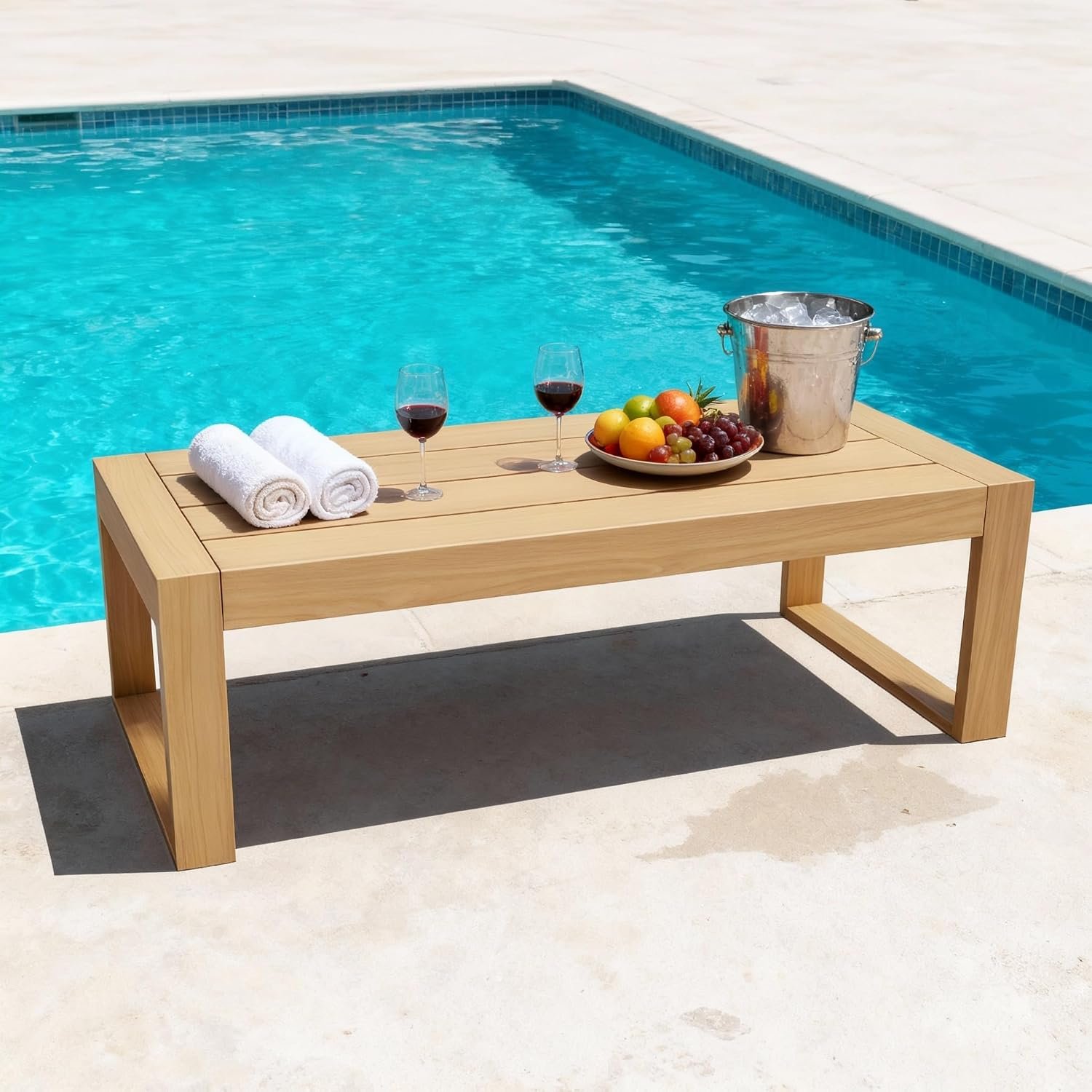 Outdoor Coffee Table, HDPE Patio Table, Wood Color | HDPE outdoor coffee table and patio table for drinks, snacks and decor on porch, deck, poolside or indoors.