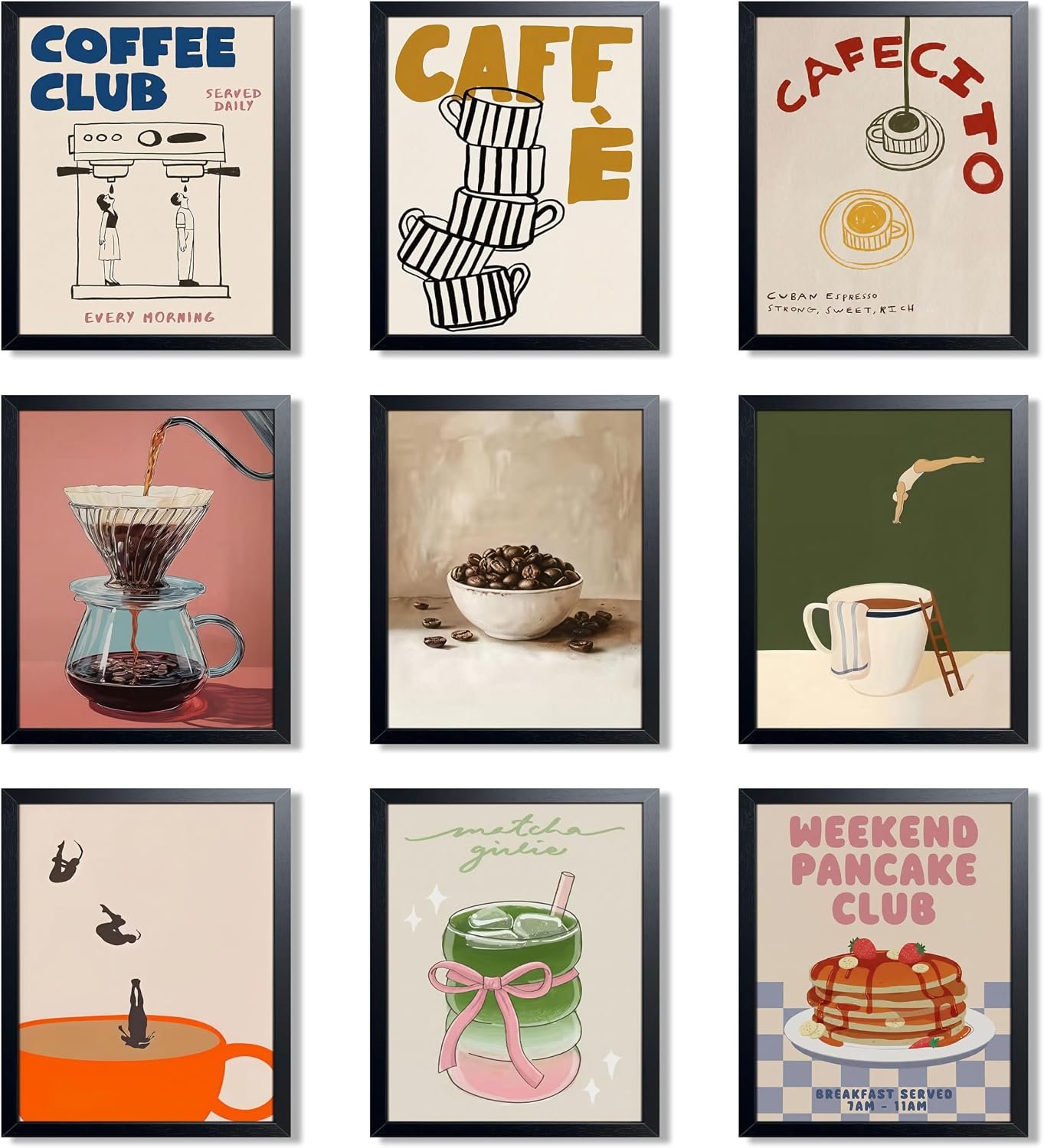 XYHYRA Coffee Wall Art Set of 9, Vintage Coffee Bar Canvas Prints Poster, Cafe Club Matcha Latte Pancake Kitchen Artwork Wall Decor for Coffee Bar Dining Room Home Decor 8×10 Inch Unframed