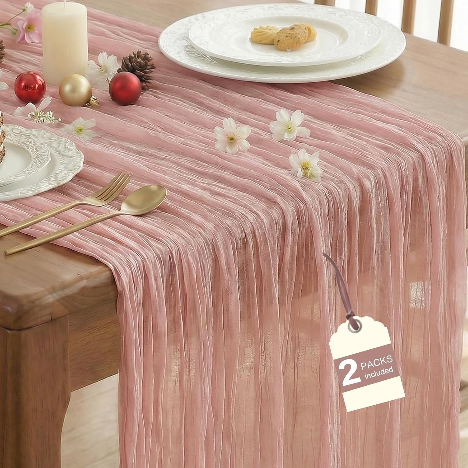 IVAPUPU Dusty Pink Table Runner 120 Inches for Birthday Party Home Decor | 2 Pcs Boho Gauze 10FT Cheesecloth Table Runners for Wedding Baby Shower Decorations Summer Garden Farmhouse