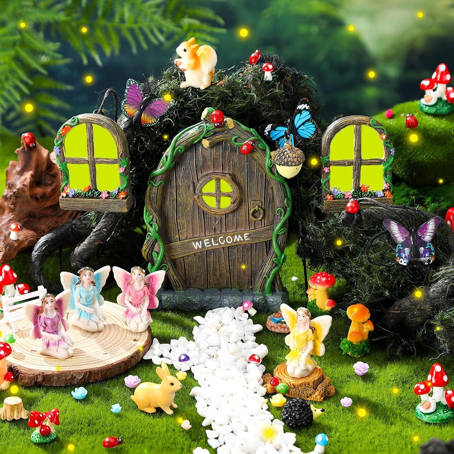 Thyle 47 Pcs Fairy House Garden Accessories Kit Glow in the Dark Mushroom House Resin Outdoor Village Door Window Figures Garden Miniature for DIY Room Wall Tree Outdoor Decorations