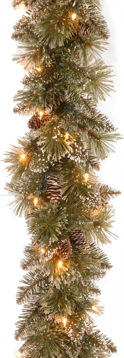 National Tree Company 9ft Pre-Lit Glittery Bristle Pine Christmas Garland | 50 Clear Lights, 204 Tips, Artificial Christmas Decoration with White Tipped Pinecones, Green