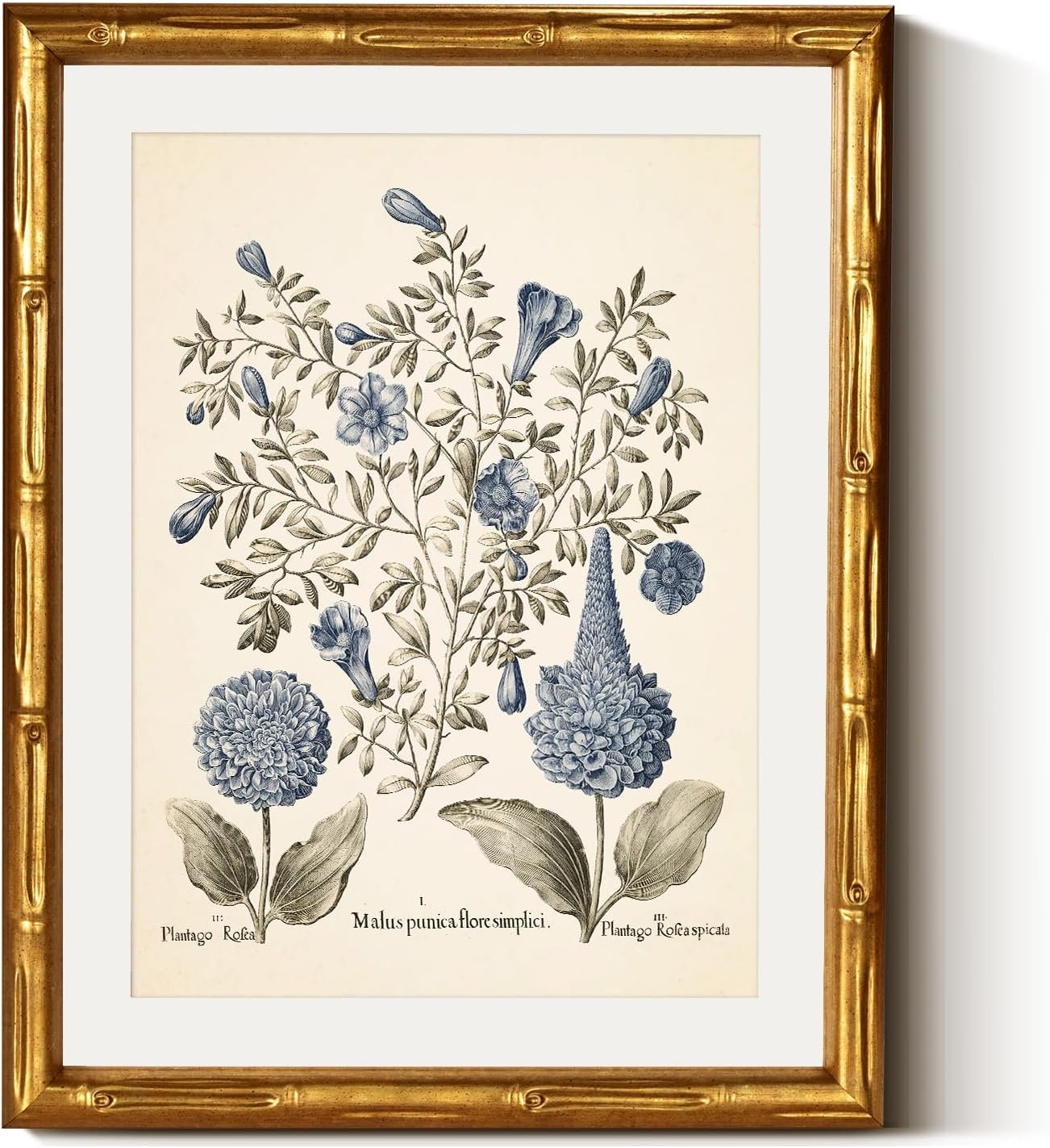 InSimSea Gold Bamboo Framed Canvas Wall Art, Retro Blue Hydrangea Botanical Prints, Antique Flowers Picture Frame with Mat, Victorian Home Wall Decor for Kitchen Living Room Bedroom, 11x14inch