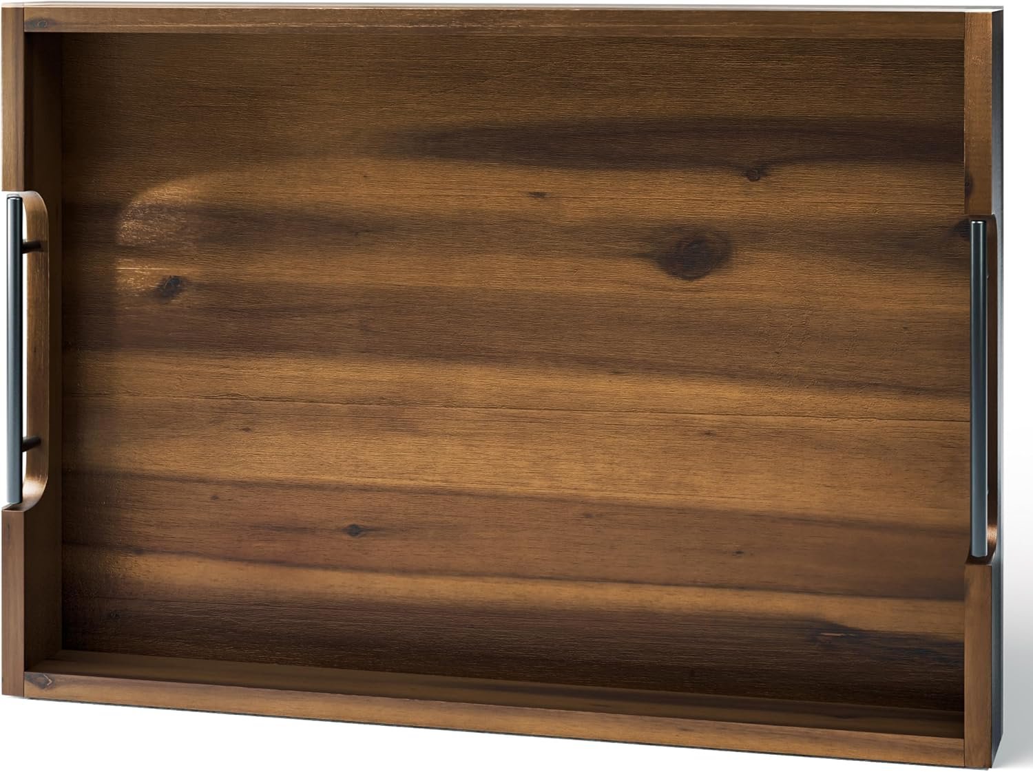 TIDITA 20″x14″ Wooden Large Serving Tray, Walnut Color, Metal Handles | Acacia Wooden Tray for Ottoman, Wooden Ottoman Tray for Living Room, Decorative Trays for Coffee Table, Non-slip Pads