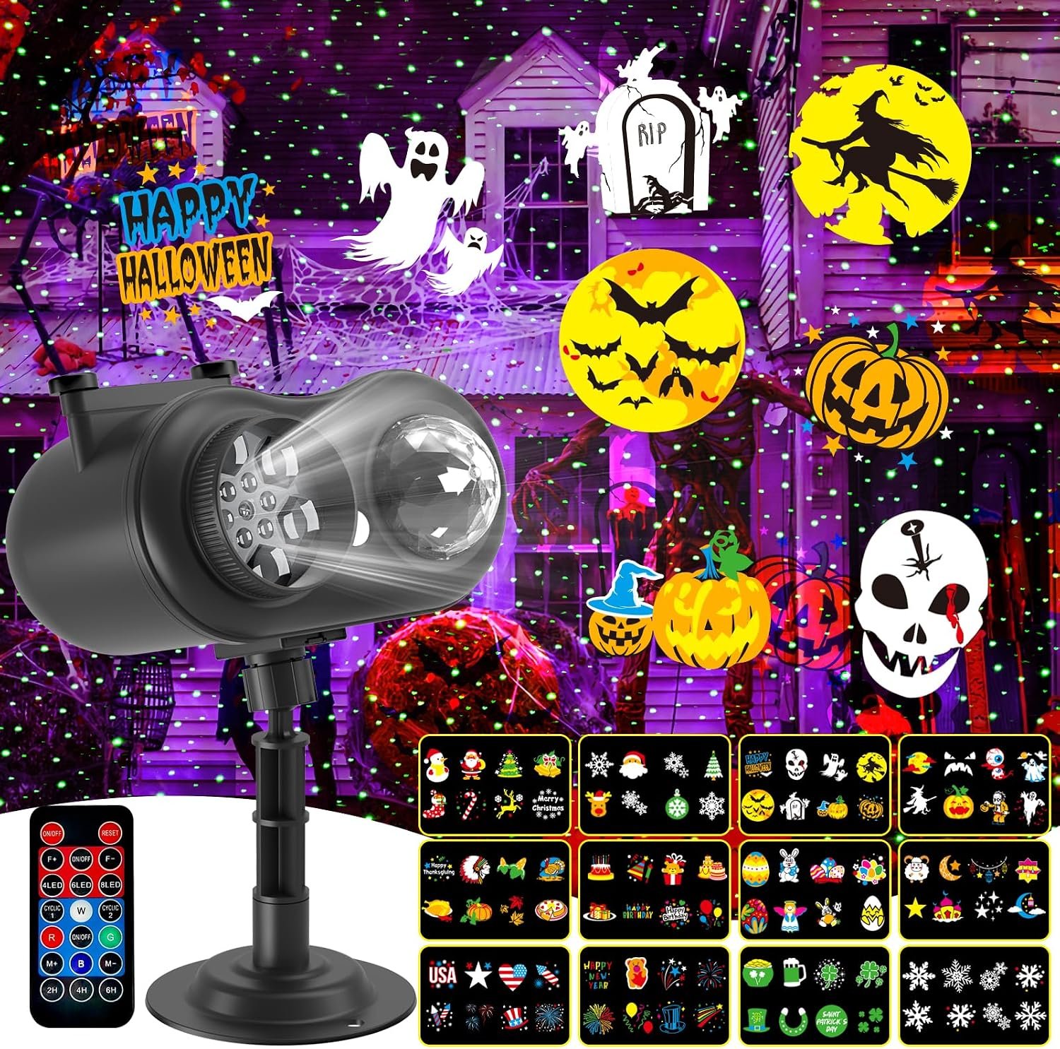 Independence Day Projector Lights Outdoor and Indoor Waterproof for 4th Jul,Christmas and Halloween ，2025 Upgraded 3-in-1 Outdoor Laser Projector Lights: Laser Firefly & Star Shower with 12 Cards