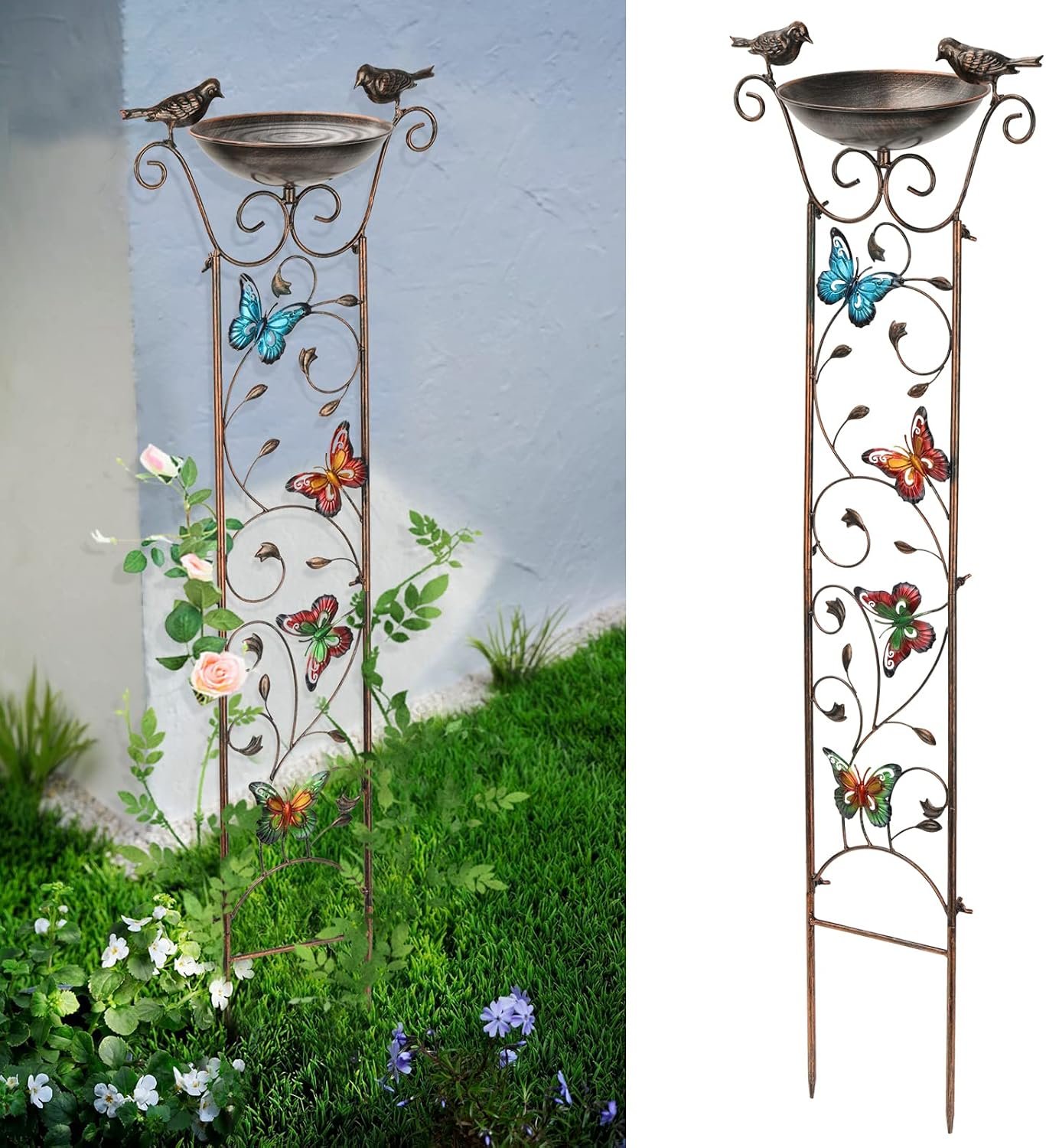 SUNNYPARK 43.5 Inch Metal Bird Bath Bowl with Garden Trellis Outdoor | Easy install, Garden birdbath and Plants Trellis 2 in 1, Decorative with Butterflies, Functional Decor for Yard Patio Lawn