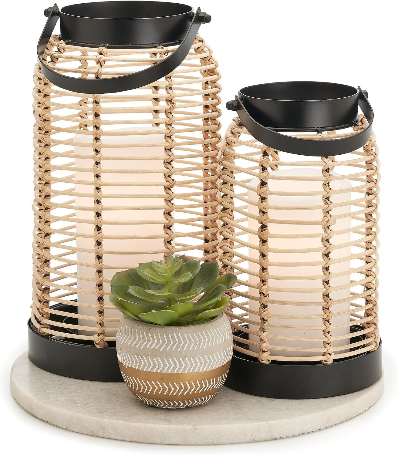 Natural Rattan Boho Lanterns – Handcrafted Chic Farmhouse Decor for Home | Modern Indoor and Outdoor Beauty for Your Living Room, Patio, Porch, Coffee Table or Kitchen Dining Table
