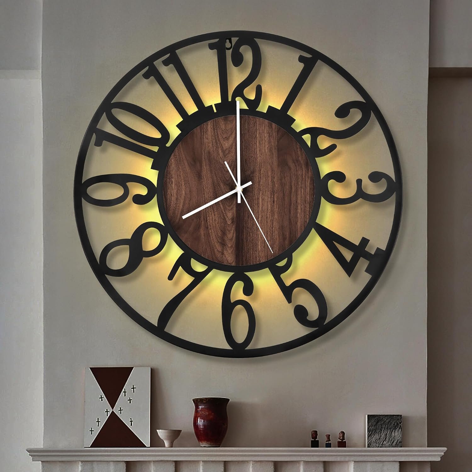 LEIKE Large LED Wall Clocks,Silent,Non Ticking,Battery Operated Rustic Round Modern Big Wood Wall Clock for Living Room, Bedroom,Kitchen,Farmhouse,Office,Home Decor -24″ Black,LED,Arabic Number