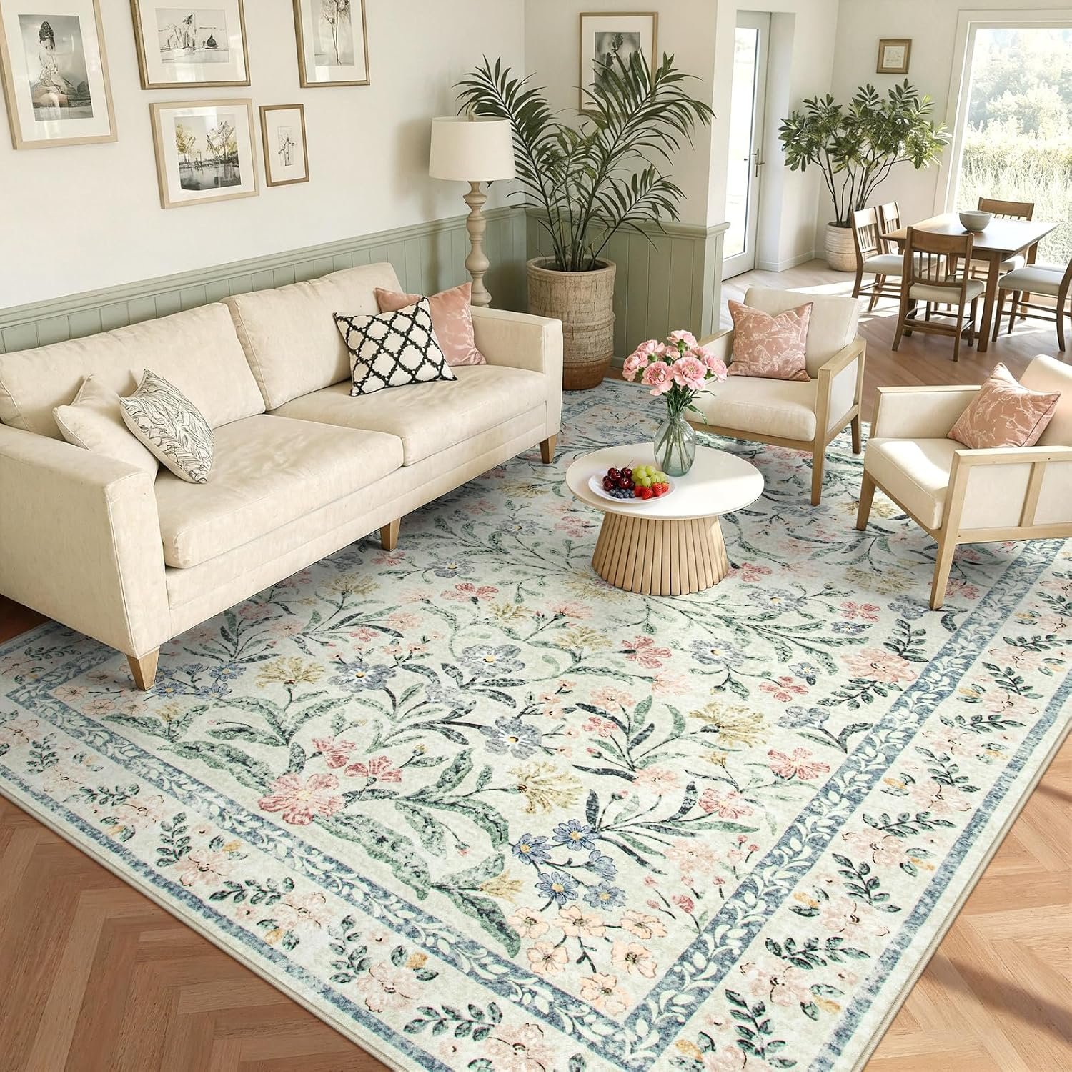 Wonnitar Boho Washable Rug 8×10, Large Area Rug for Living Room, Soft Floral Carpet for Bedroom Non Slip, 8 x 10 Indoor Beige Carpets for Nursery Dining Room Apartment Office Decor