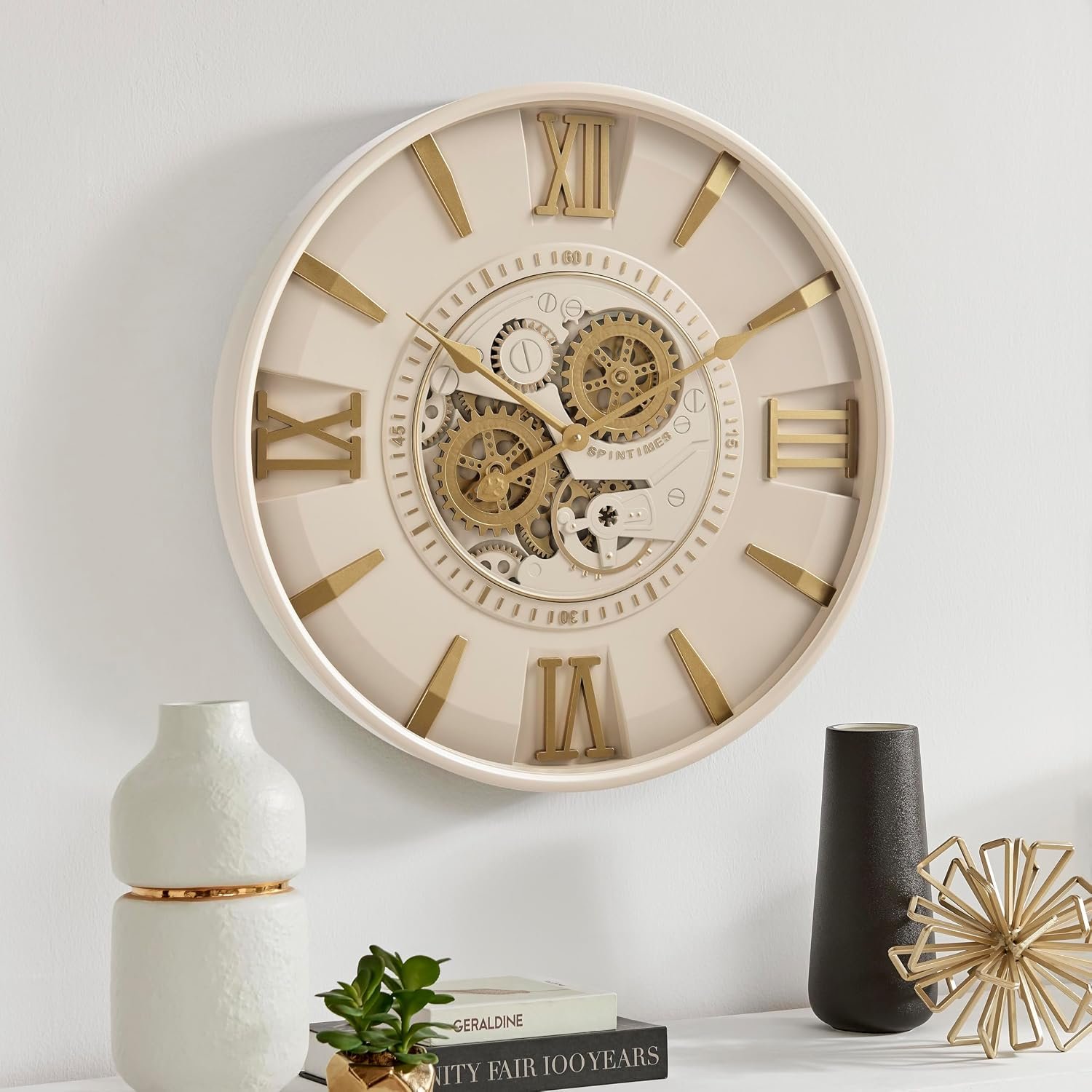 Mid Century Modern 24 Inch Moving Gear Walll Clock, Cream&Gold | SIilent Non Ticking, Minimalist Metal Wall Clocks for Living Room,Dinning Room,Kitchen & Home Office