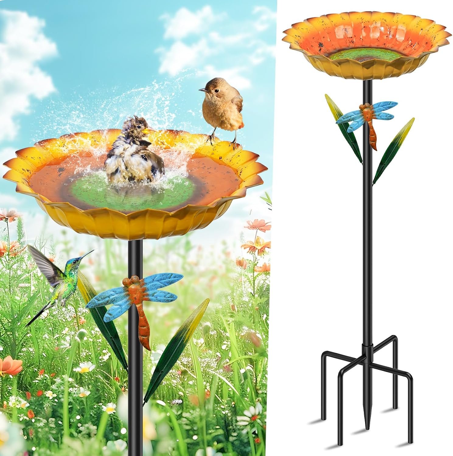 Metal Sunflower Bird Baths for Outside, 2” Deep x 10.2″ W Vintage Bird Feeder Water Bowl with 5 Prongs Base, 34” Freestanding Garden Birdbaths for Outdoors Patio Yard Lawn Art Decor Yellow
