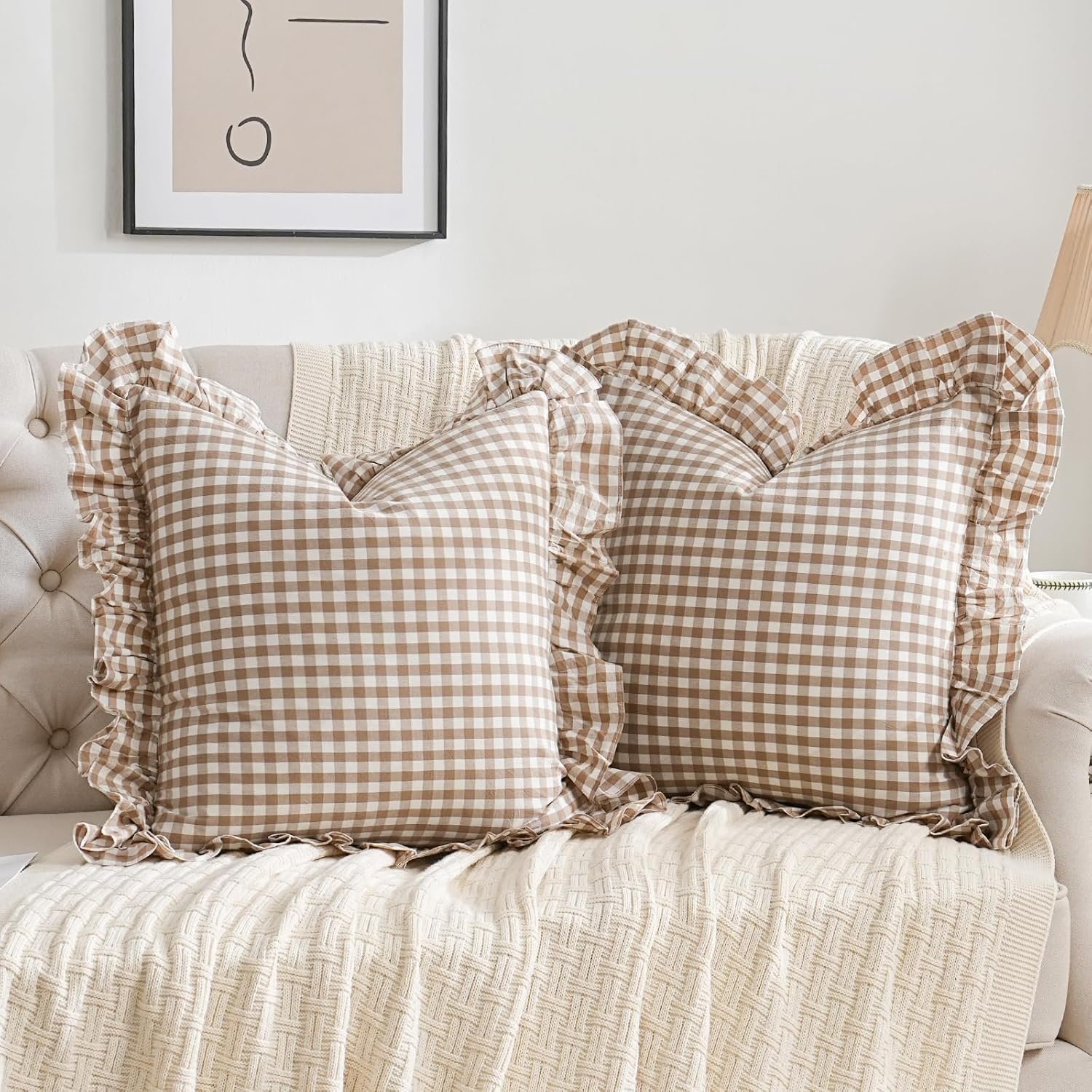 2 Pack Taupe/Brown Plaid Ruffle Throw Pillow Covers Farmhouse 20″x20″ Brown | Checkered Chic Washed Cotton Pillowcases Gingham Pillow Shams for Bed, Sofa, Living Room
