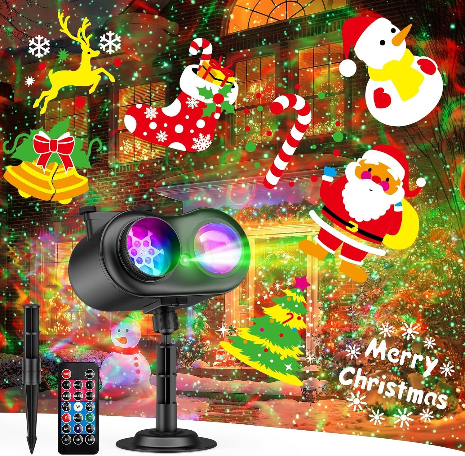Christmas Projector Lights Outdoor, Laser Firefly & Ocean Wave Projector with 20 Slides × 8 Patterns, 14 Scenes, Waterproof Holiday Light for House, Yard, Garden, with Remote & Timer