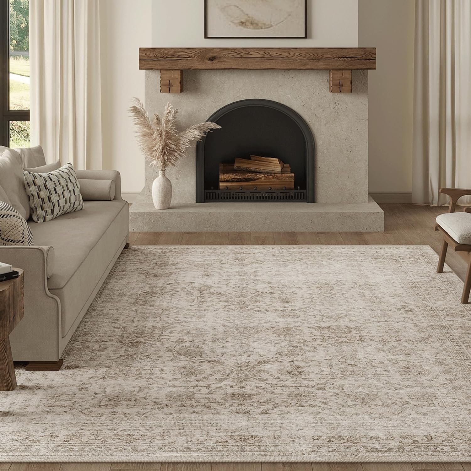 FMFUNCTEX 8×10 Washable Beige Neutral Vintage Large Living Room Area Rug | Non Slip Low Pile Soft Indoor Throw Carpet Distressed Farmhouse Traditional Retro Floral Pattern Dining Room Bedroom Nursery