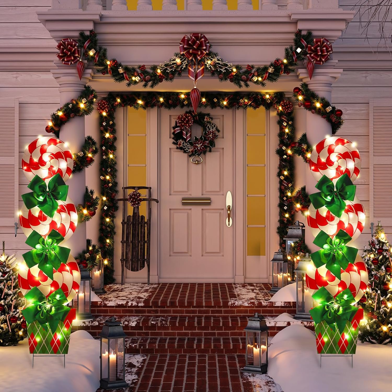 Skylety 2 Sets Christmas Peppermint Cane Candy Outdoor Decorations with 44 Inch Lawn Yard Stake with LED String Lights for Green Christmas Front Door Home Farmhouse Garden Outside Party(2 Sets)