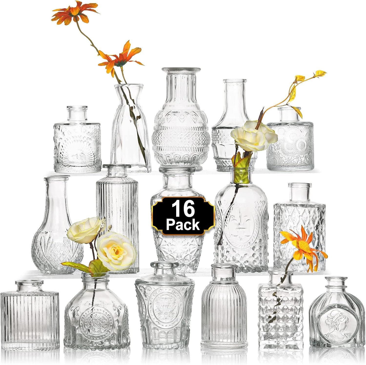 Arme Glass Bud vases in Bulk，Small Glass Flower Vase for Centerpieces 16Pcs | Small Clear Bud Vases ， Mini Vintage Vase for flowers& Rustic Wedding Decorations