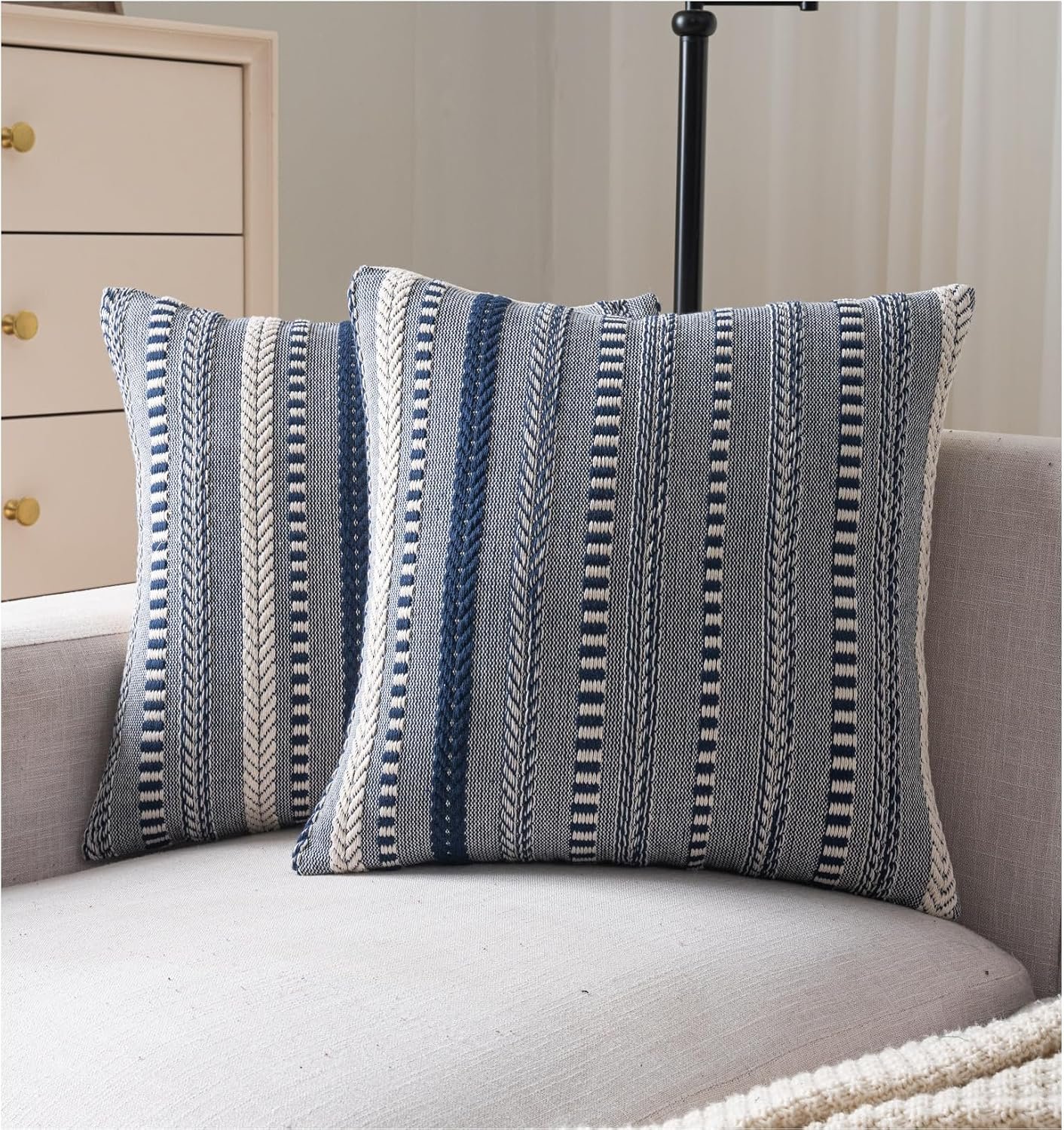 Cethom Boho Throw Pillow Covers 18×18 Inch Set of 2, Farmhouse Decorative Couch Pillow Cases, Navy Blue Accent Pillows of Bed, Sofa Bedroom Living Room Home Decor Cushion Cover