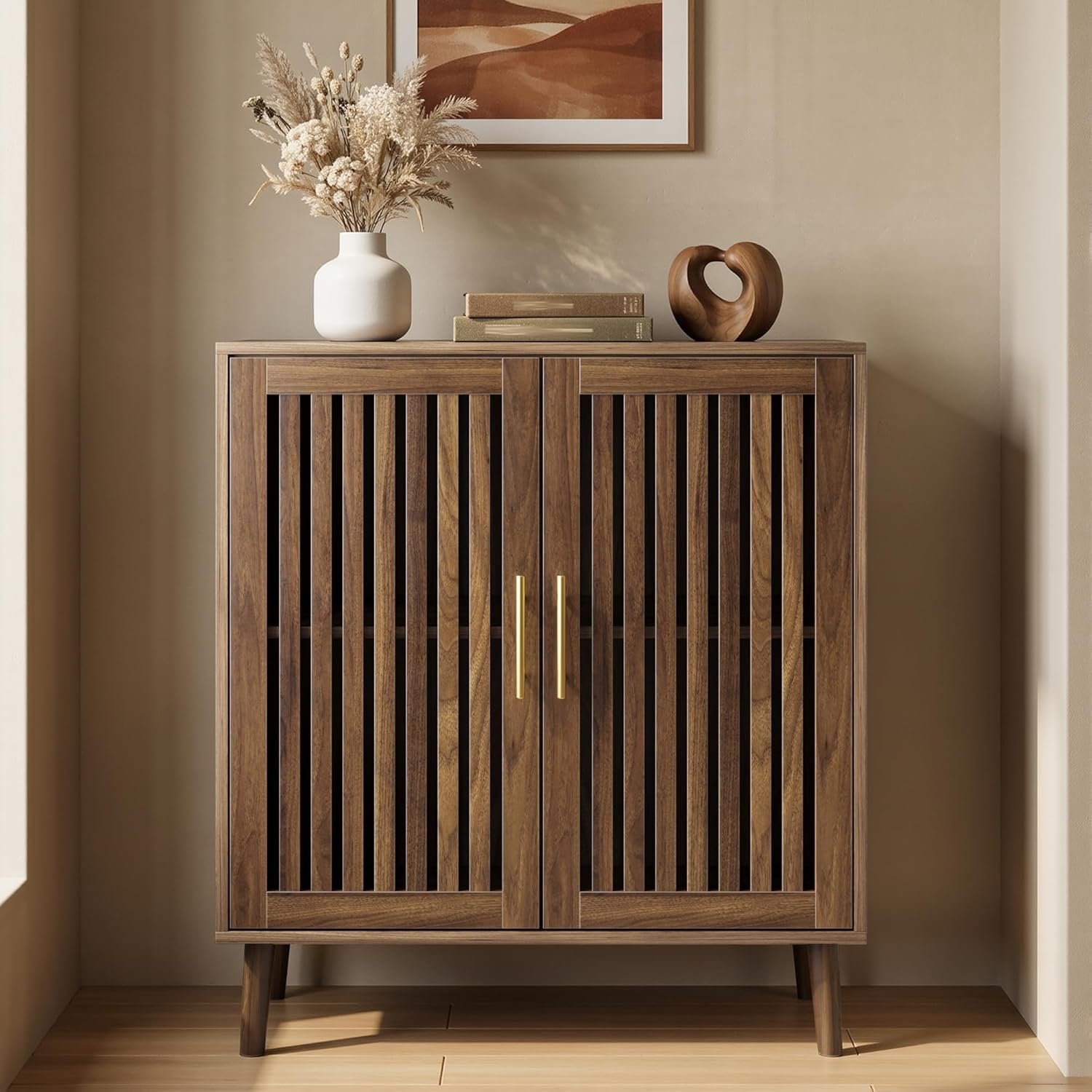 Smart FENDEE Sideboard Cabinet, 31.5″ W Farmhouse Buffet Cabinet with Slatted Doors & Adjustable Shelf, Wood Coffee Bar Storage Station for Kitchen, Dining Room, Living Room, Entryway, Walnut Color