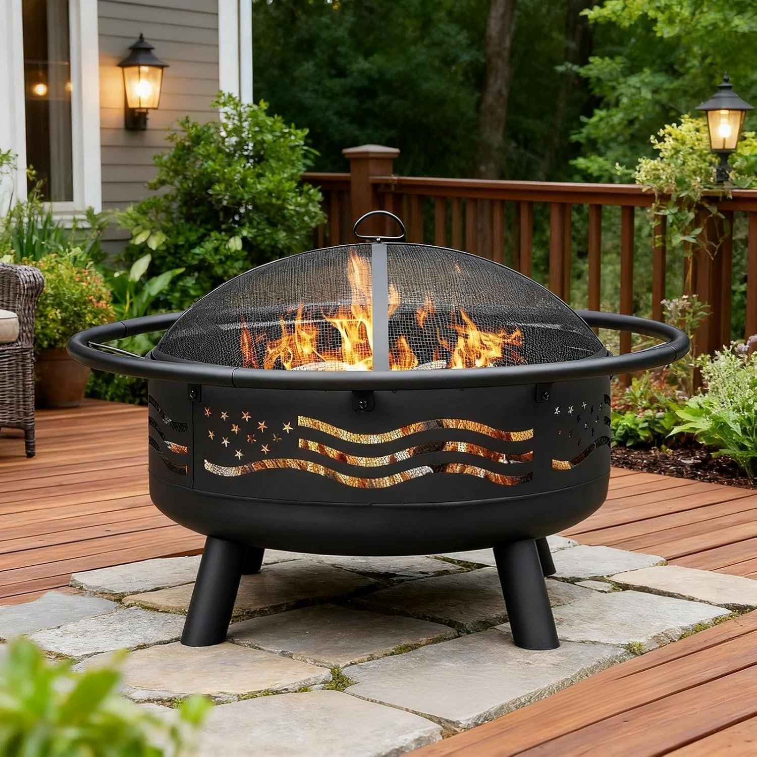 Breezz American Flag Wood-Burning Fire Pit, 32 in | Includes mesh cover and fire poker; for patios, backyards, 4th of July and Memorial Day gatherings