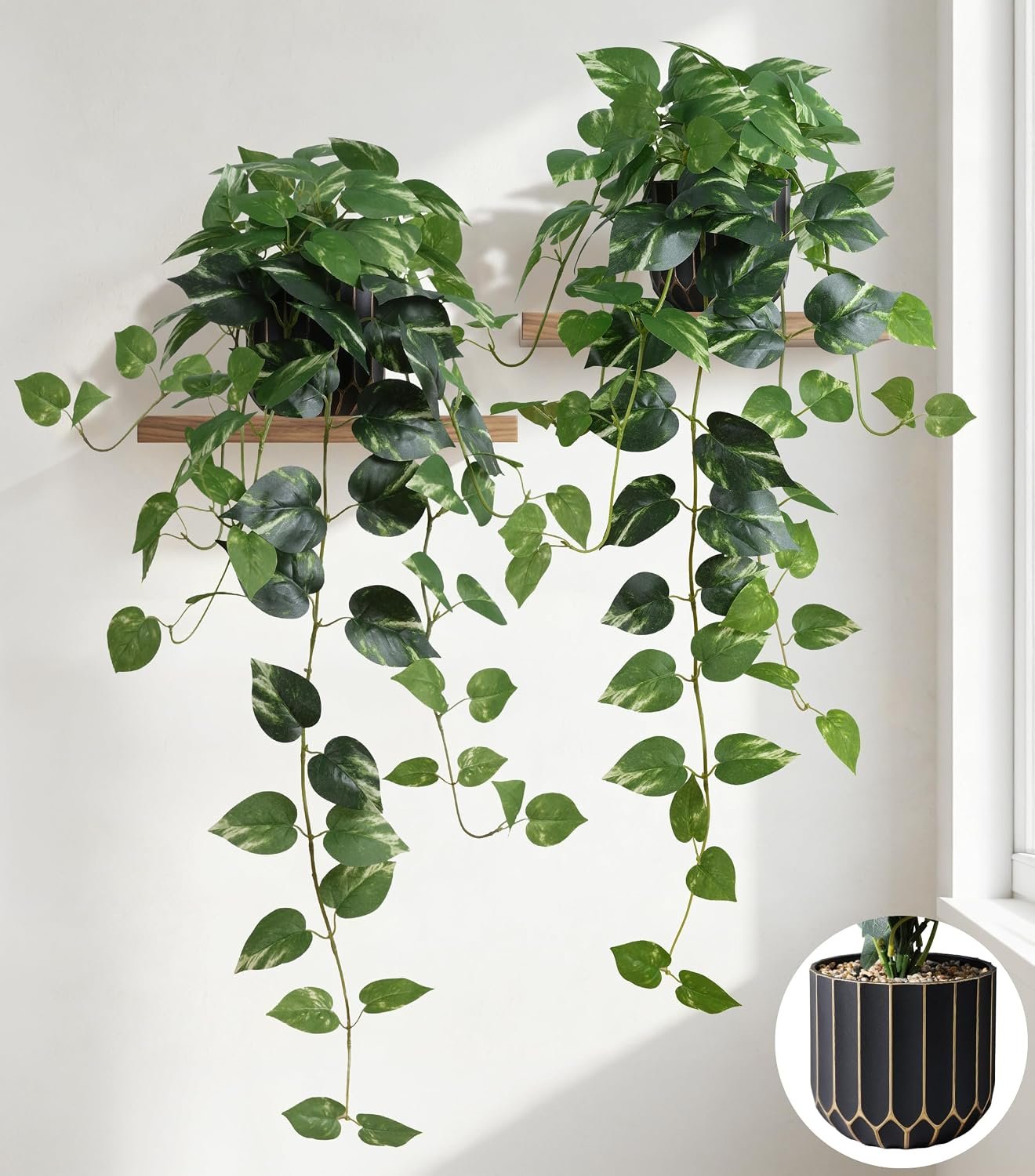 Fake Plants 2 Pcs Faux Pothos Plants Potted Indoor Artificial Hanging Plants Realistic Fake Greenery Table Desk Bathroom Office Bedroom Living Room Shelf Modern Farmhouse Decor Outdoor