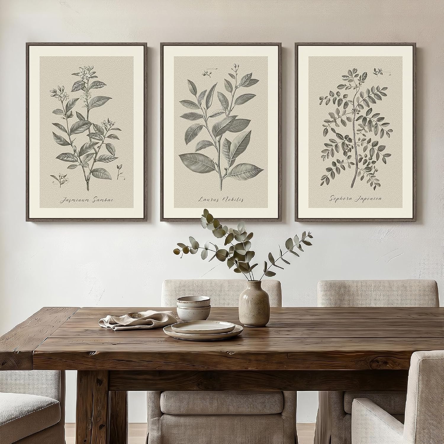 Framed 3 Piece Neutral Vintage Botanical Wall Art for Dining Room, 16×24 In | Wood Frame, Canvas prints, Rustic plants pictures, Modern farmhouse wall decor, Living room bedroom kitchen artwork