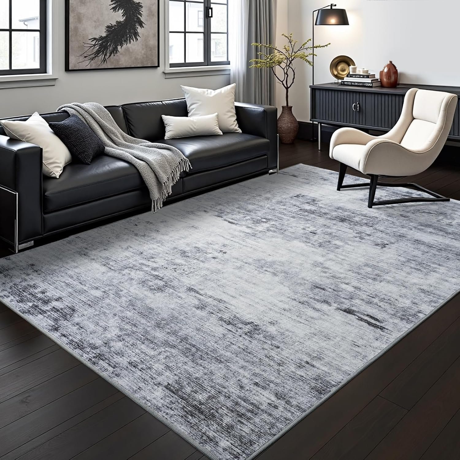 Toneed 4×6 Washable Non Slip Area Rugs for Bedroom Living Room, Grey | Abstract Soft Modern Low Pile Rug for Kitchen Hallway Office,Indoor Carpet for Kids Nursery Home Decor