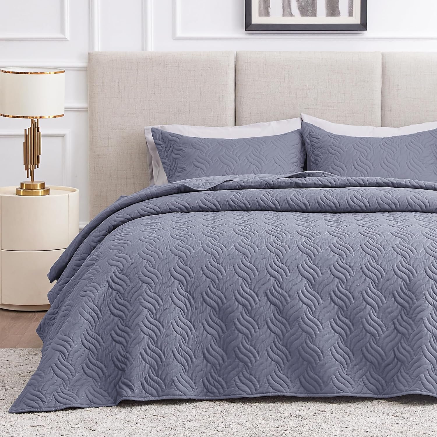 Love’s cabin Quilts for Queen Bed Bluish Grey Bedspreads Bedding Set – Summer Lightweight Bedspread Comforter – Wave Pattern Bedding Coverlet for All Season – 3 Pieces (1 Quilt, 2 Pillow Shams)