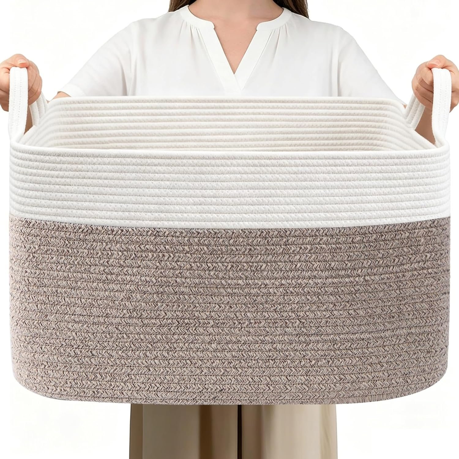 65L Laundry Basket with Handles, Woven Blanket Basket, White/Brown | 21″×16″×12″ Collapsible Cotton Rope Storage Basket for Toys Clothes & Pillows, Nursery, Bathroom, Bedroom, Living Room