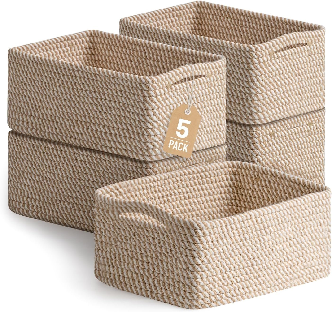 5 Pack Small Woven Storage Baskets for Shelves, Gift Baskets Empty | 11.8″x7.9″x4.7″, Decorative Cotton Rope Baskets Organizer, Soft Storage Bins for Organizing Bathroom, Closet, Nursery, Khaki