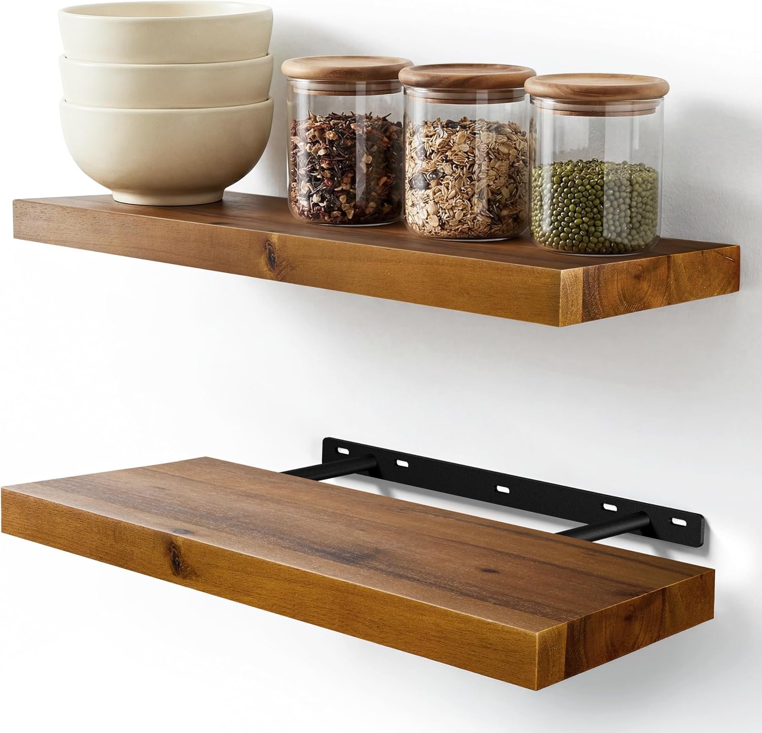 BATODA Wood Floating Shelves, Wall Mounted, 17″ Set of 2, Hardware Included | Acacia Wood, 100LBs Capacity, Hidden Brackets, Easy DIY Assembly, Rustic Farmhouse Style, for Bathroom, Bedroom & Kitchen