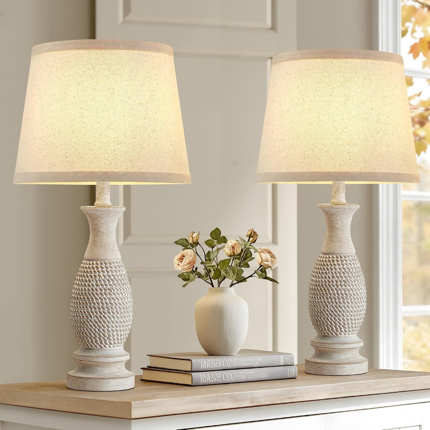 EJIAXIN Table Lamps Set of 2-21.6″ Resin Farmhouse Bedside Lamps for Bedroom Living Room, Rustic Nightstand Bedroom Lamp with Rotary Switch for Night Stand End Table