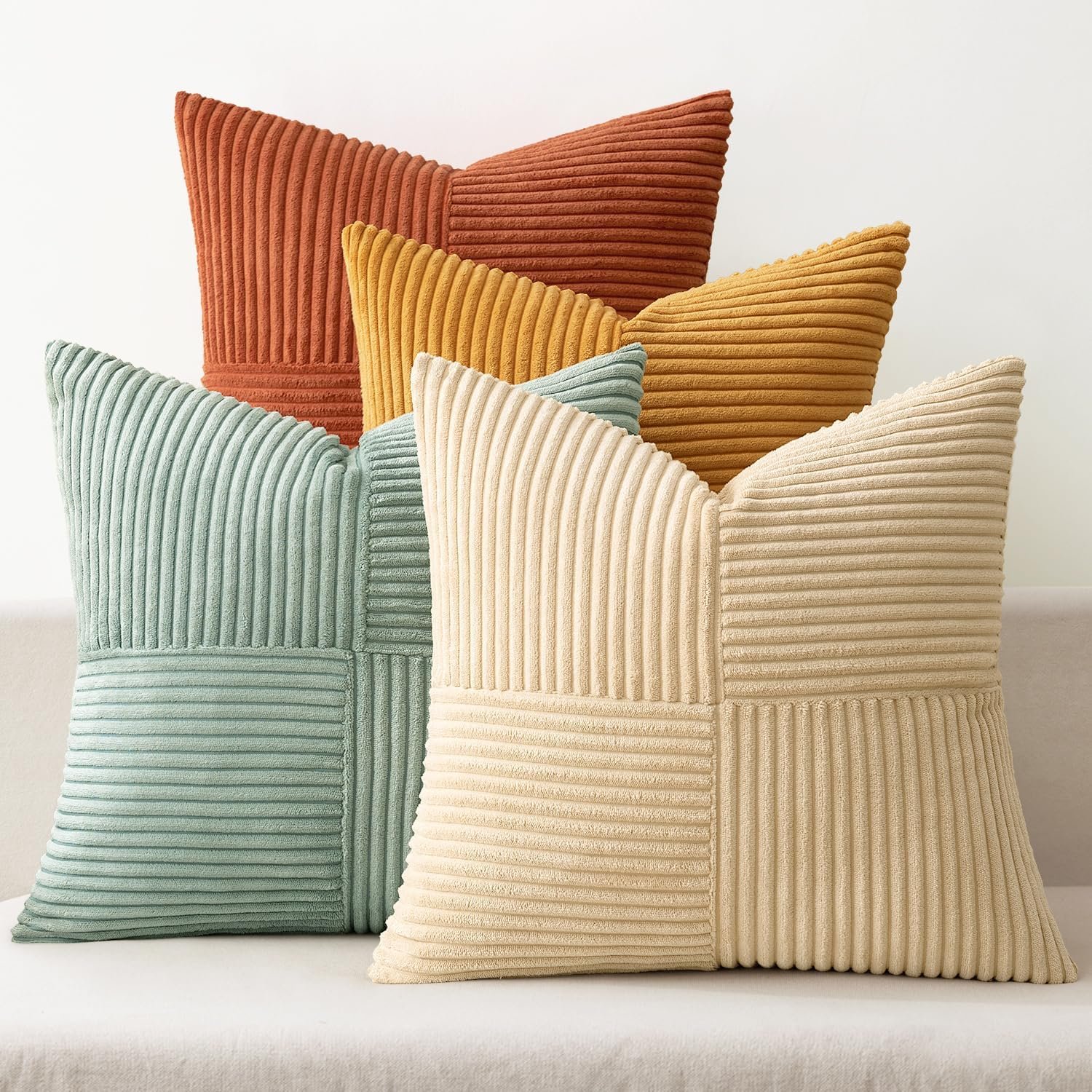 MIULEE Fall Teal-Orange Decorative Throw Pillow Covers 20×20 Inch Set of 4 Boho Corduroy Striped Cushion Cases Modern Farmhouse Patchwork Pillow Cases for Couch Sofa Bedroom Home Decor