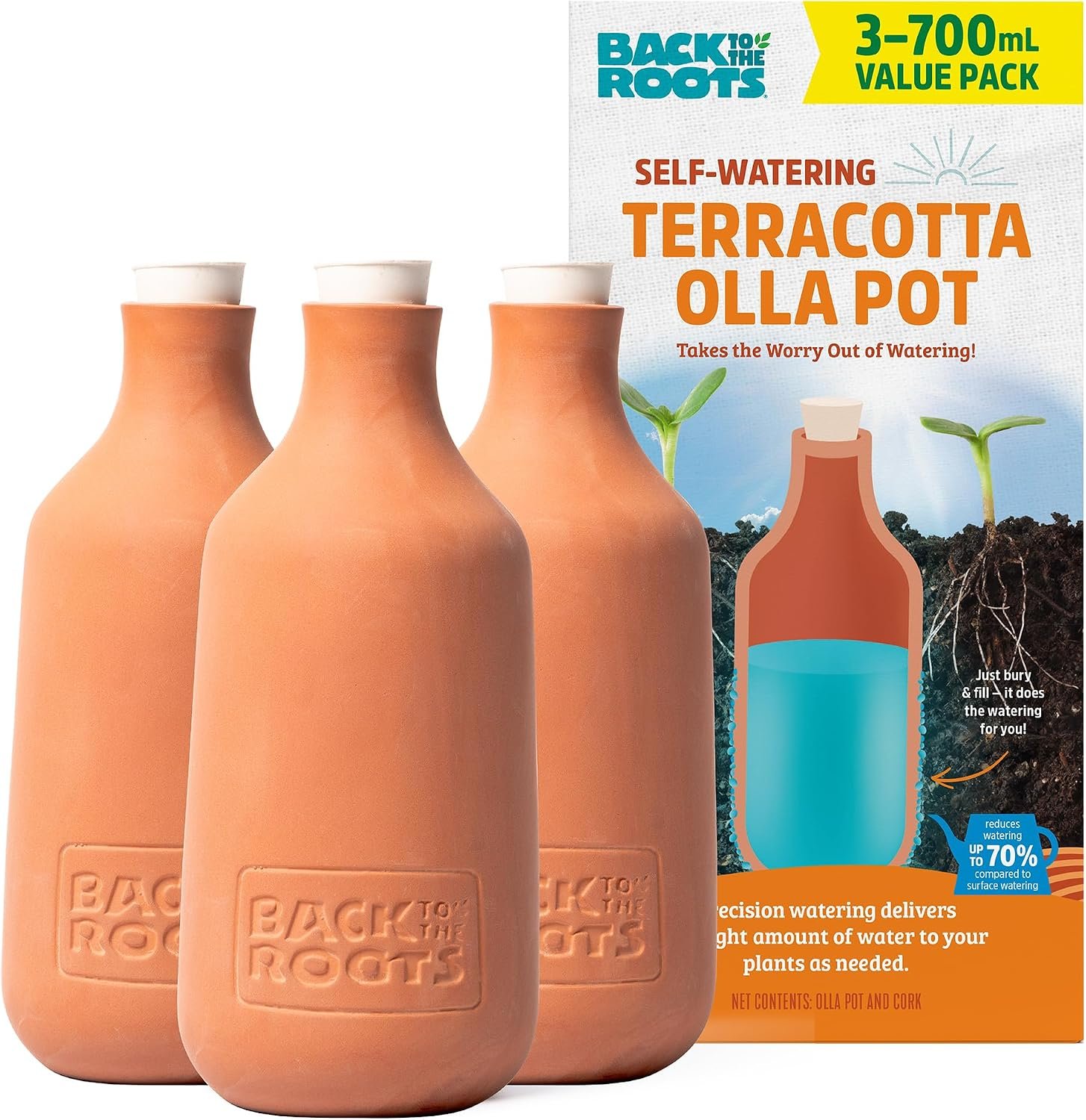 Back to the Roots Self-Watering Terracotta Olla Pot (Pack of 3), 700mL Provides 1 Week of Precision Watering