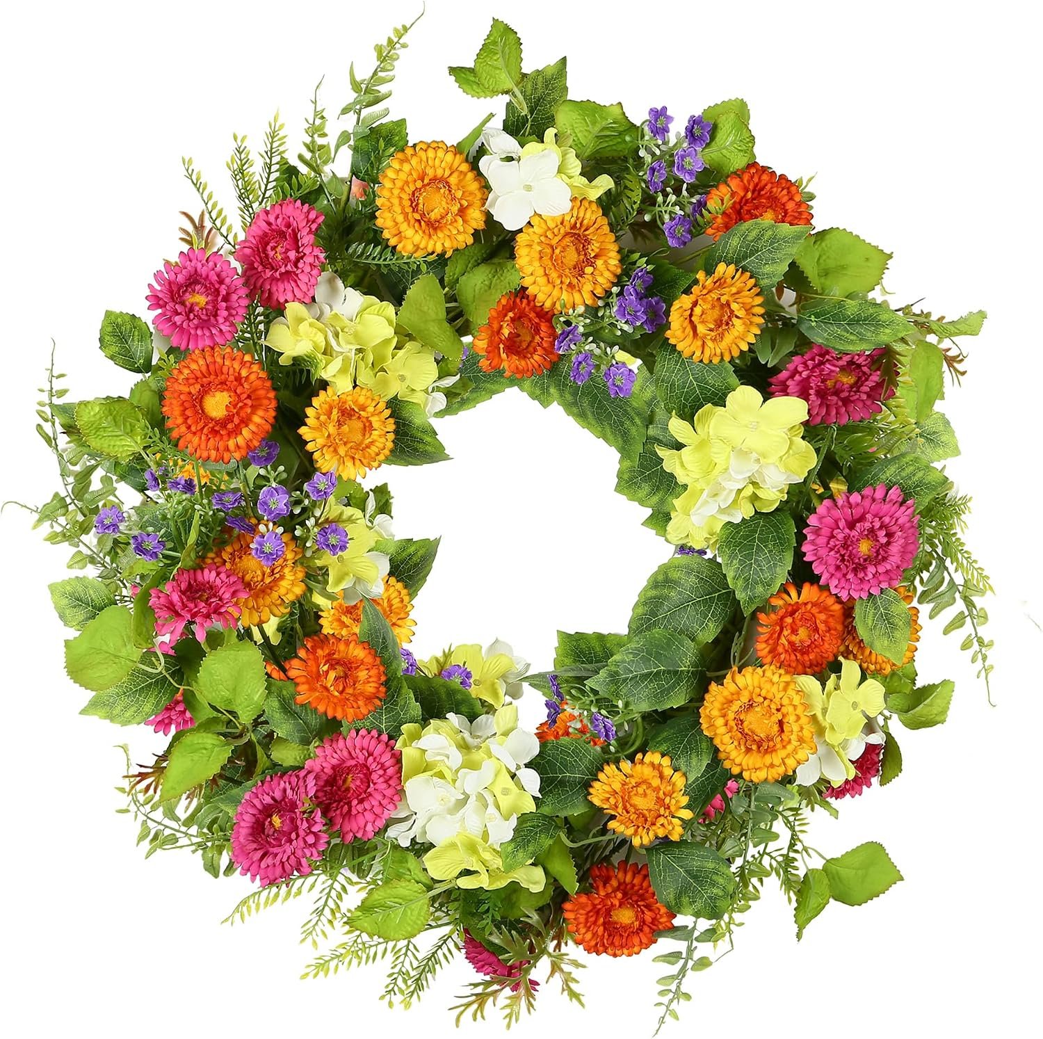 YNYLCHMX 20″ Spring Summer Wreaths for Front Door, Daisy and Tea Leaf Decor | Artificial daisy flowers, green tea leaves and foliage, for wall, window, porch, farmhouse, party, holiday and seasonal decor