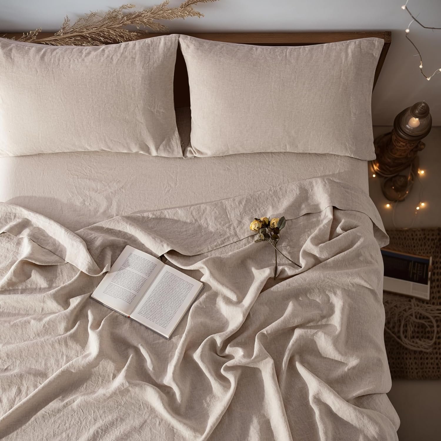 LBRO2M 100% French Organic Linen Sheet Set 4Pcs, 16″ Deep Pocket King Size | Pure Linen Bed Sheet, Natural Flax, Soft Breathable Sheets for Hot Sleepers, Durable, and Cozy for All Seasons, Linen Color