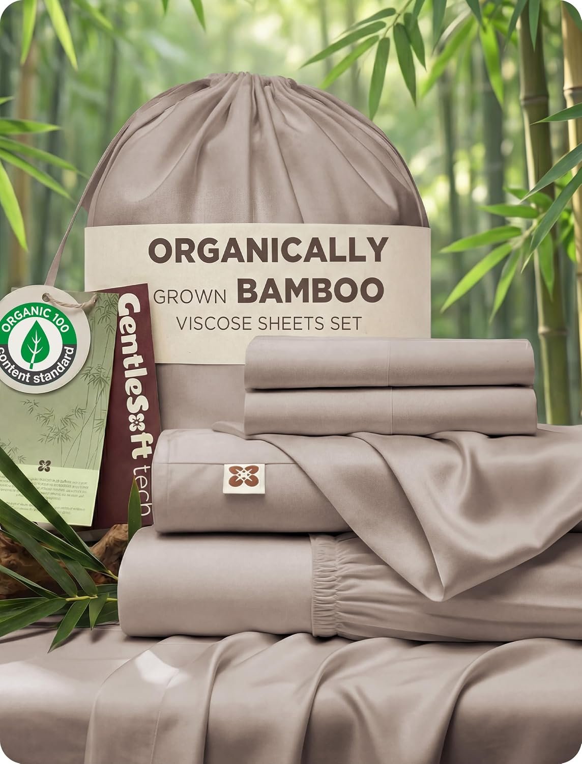 Bedsure PureWoven Organically Grown Bamboo Viscose King Size Sheets Set | Cooling Bed Sheets for Hot Sleepers, 18″ Deep Pocket with Corner Straps, Luxury Silky Soft, Breathable, Oeko-Tex, Light Brown