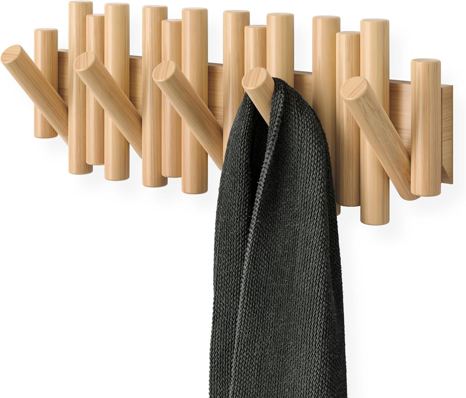 Umbra Picket Coat Rack, Wall Mount 5 Flip-Down Coat Hooks, Natural | Beveled pine wood dowels, supports up to 5 lbs, mounting hardware included, space saving