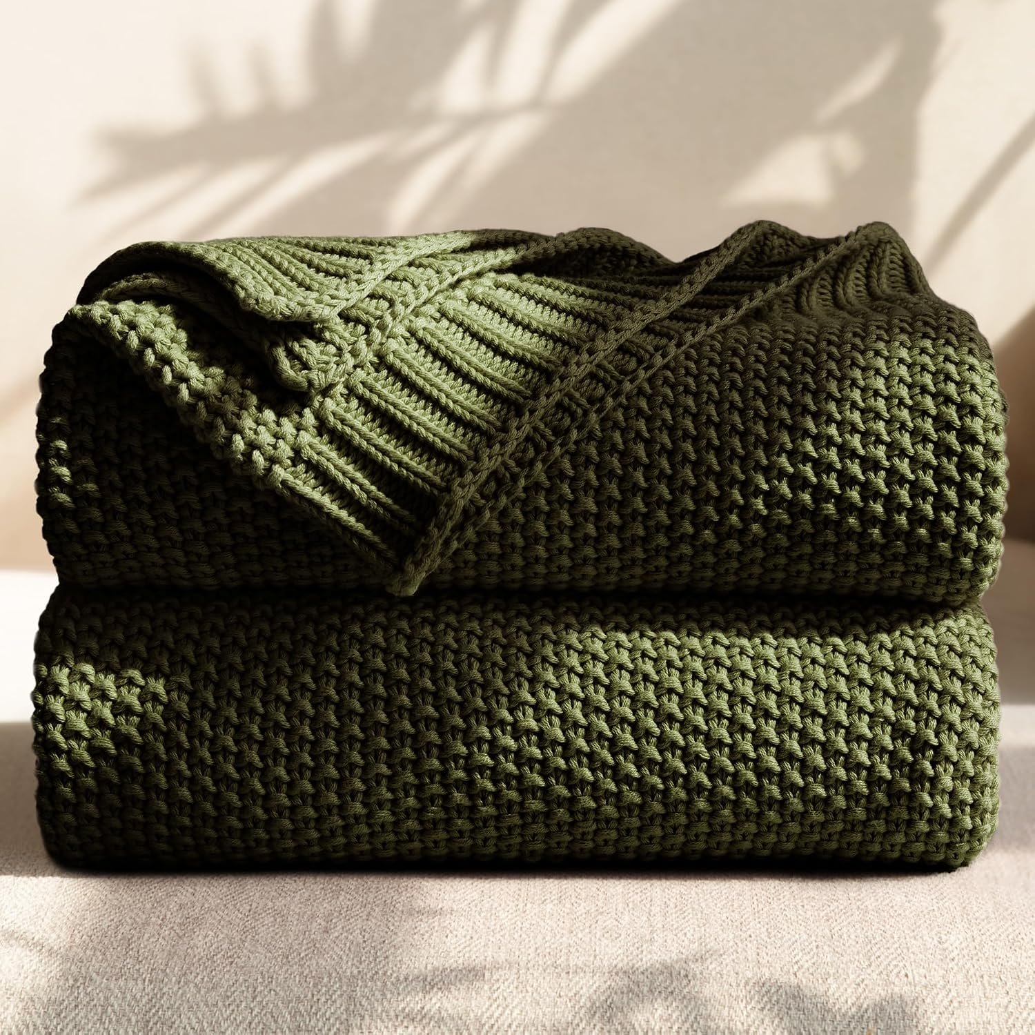 100% Cotton Cable Knit Throw Blanket, Lightweight Soft Knit Blanket for Sofa Couch Bed, Breathable All-Season Throw, Cozy Decorative Blanket, 50 x 60 Inch,Olive Green