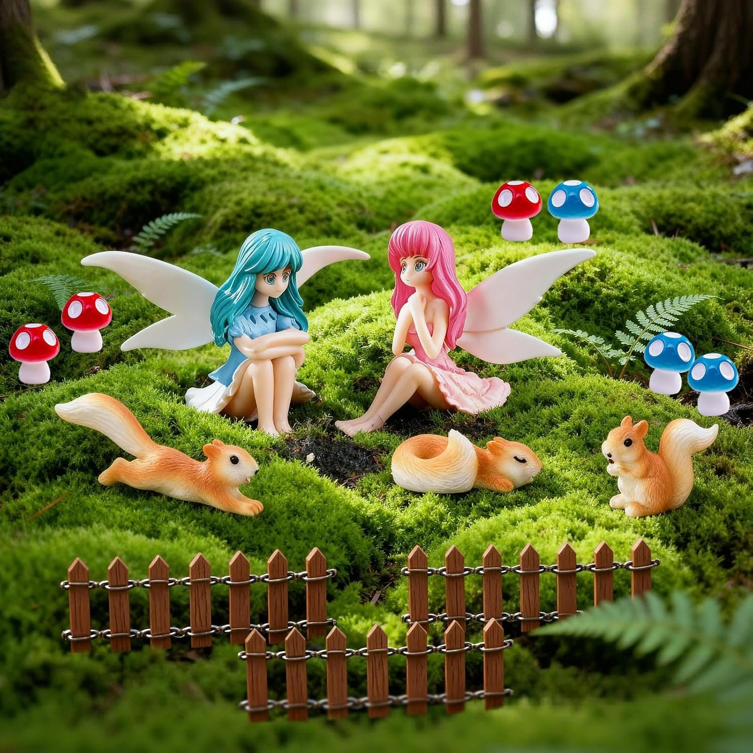 Fairy Garden Figurines for Outdoor: 14-Piece Miniature Resin Set | Mushroom Squirrel Fence – Sun and Rain-Resistant Colors Stay Bright – Ideal for Gardening and Miniature Landscape Enthusiasts