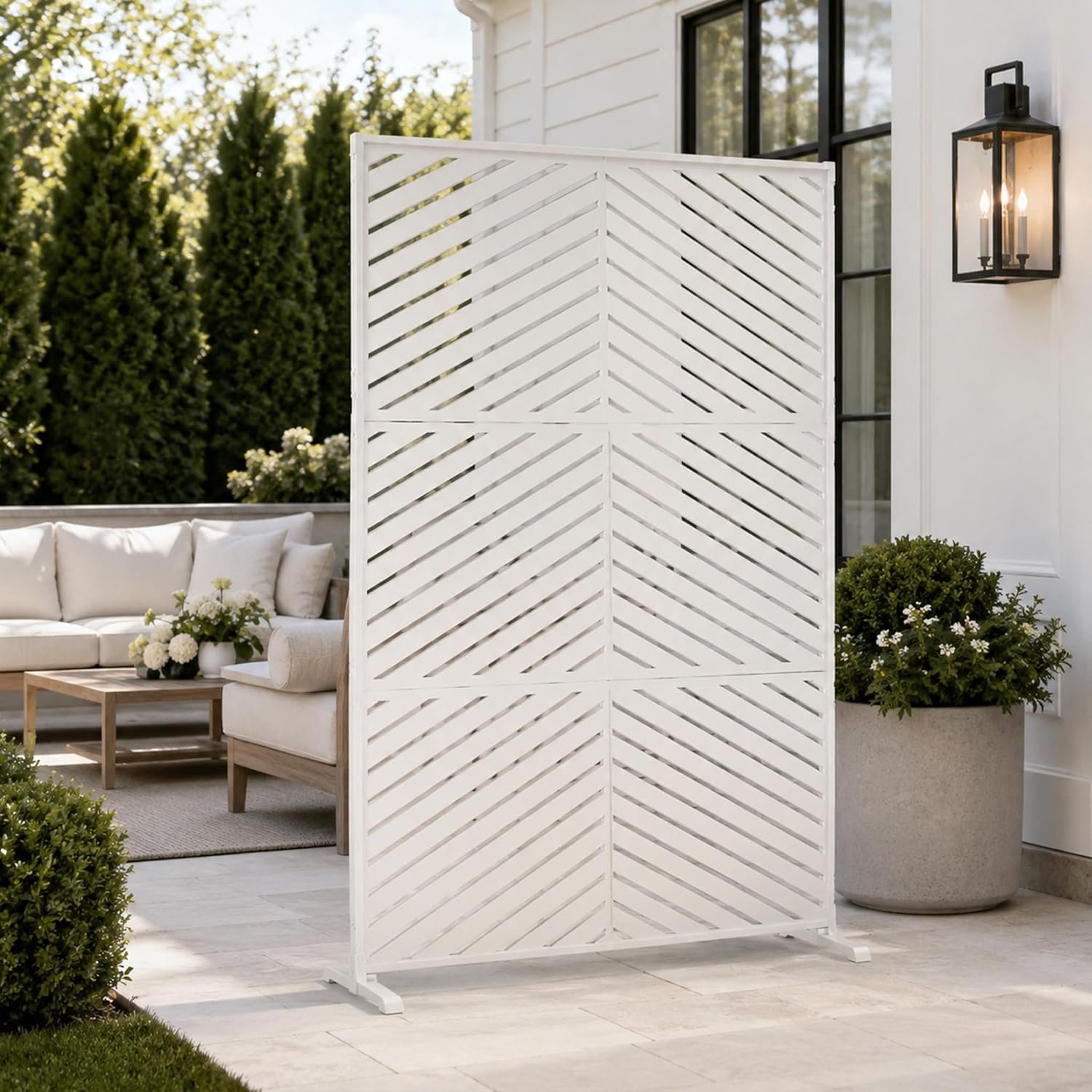 Kozyard Metal Privacy Screen 74″ H x 47.2″ W Decorative Outdoor Divider | with Stand Panels Freestanding Screen Set for Deck Patio Balcony Garden Outdoor&Indoor (White/Chevron)